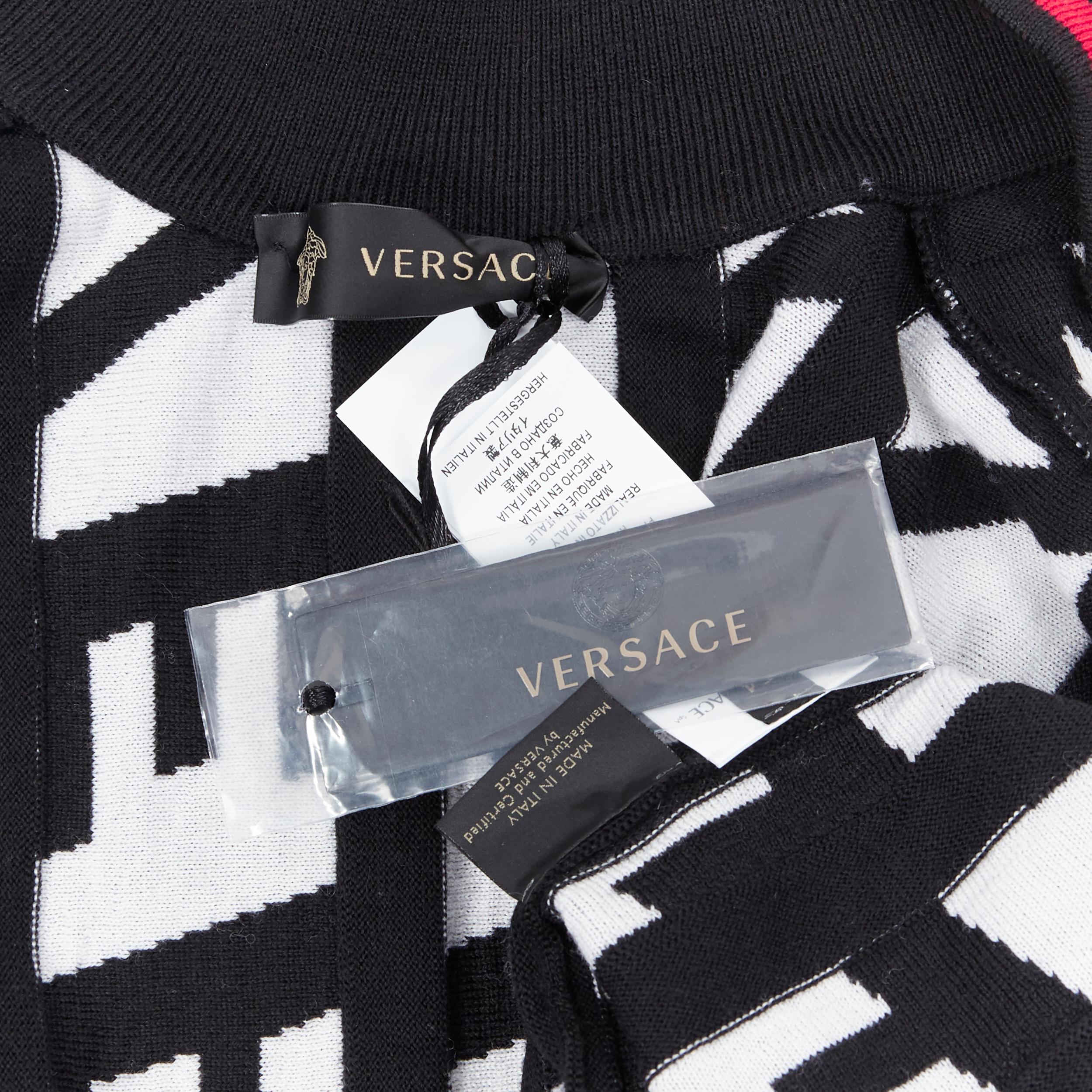new VERSACE 100% wool black bold logo jacquard red trimmed cardigan IT54 3XL 6