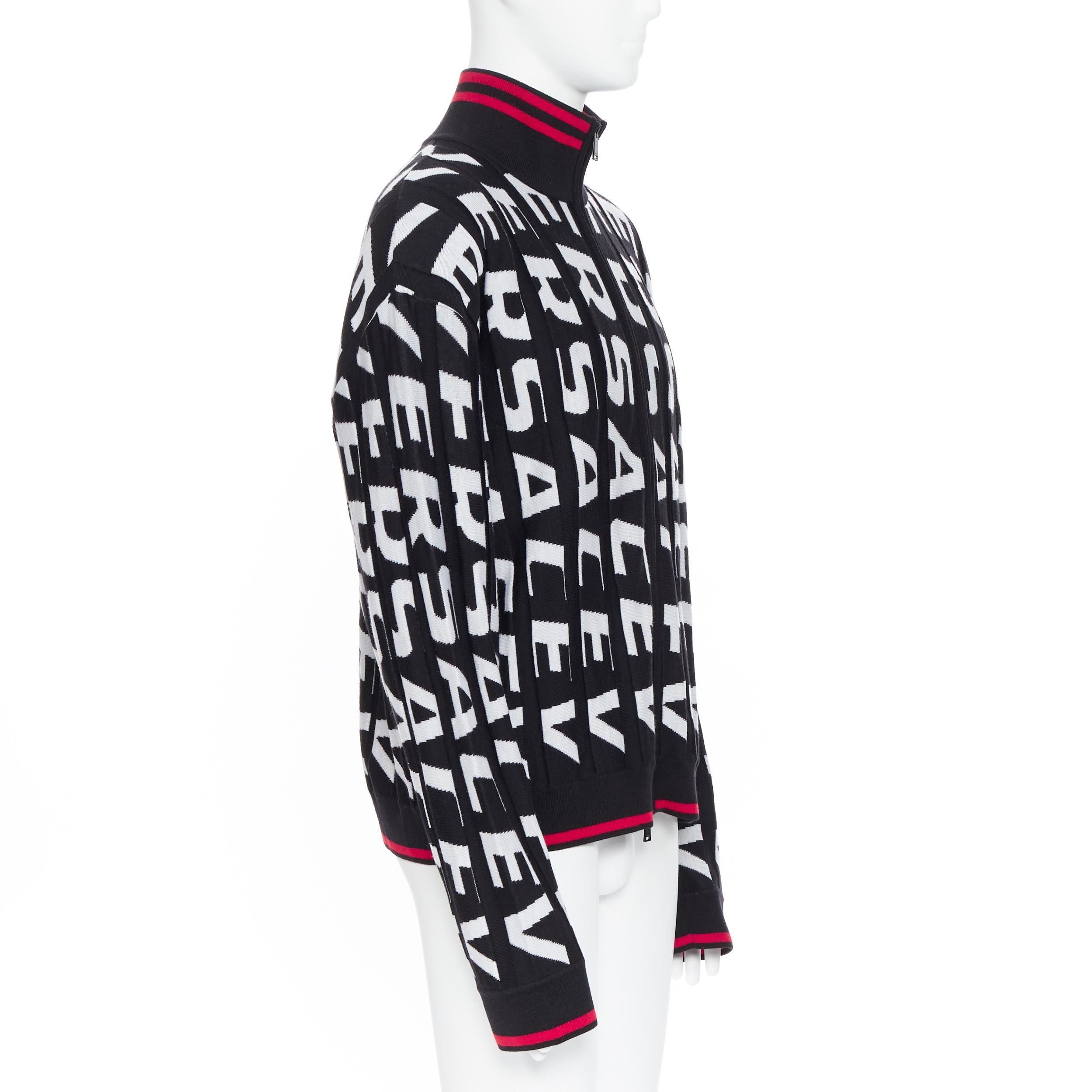 Men's new VERSACE 100% wool black bold logo jacquard red trimmed cardigan IT54 3XL