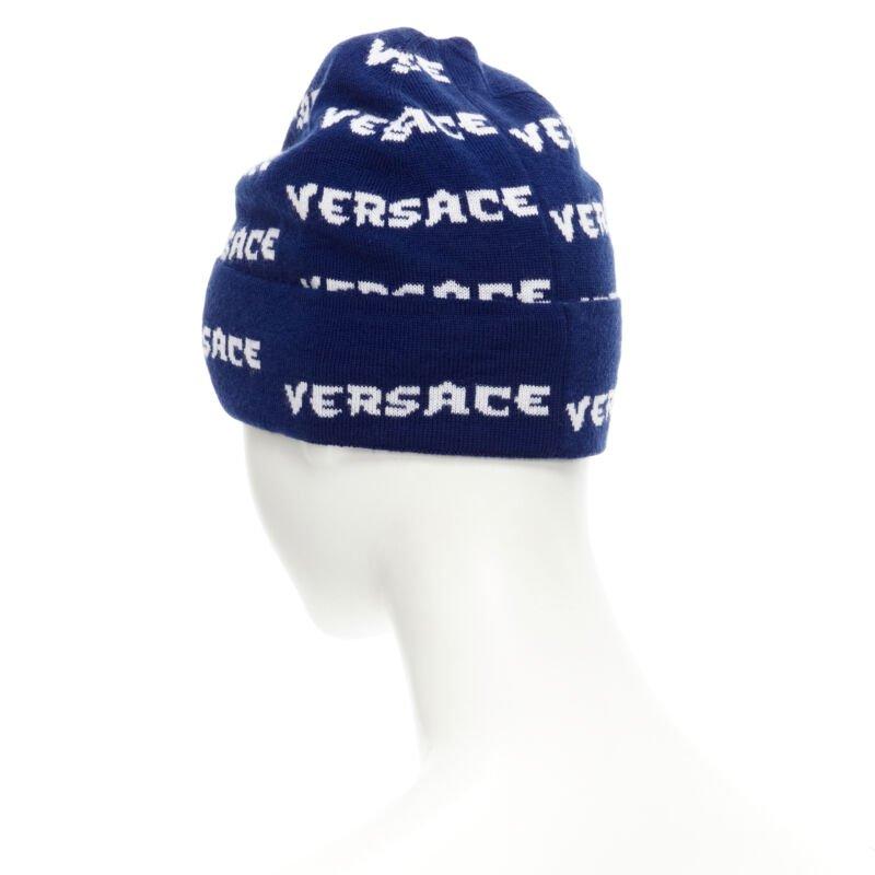 new VERSACE 100% wool black white logo monogram beanie hat For Sale 1