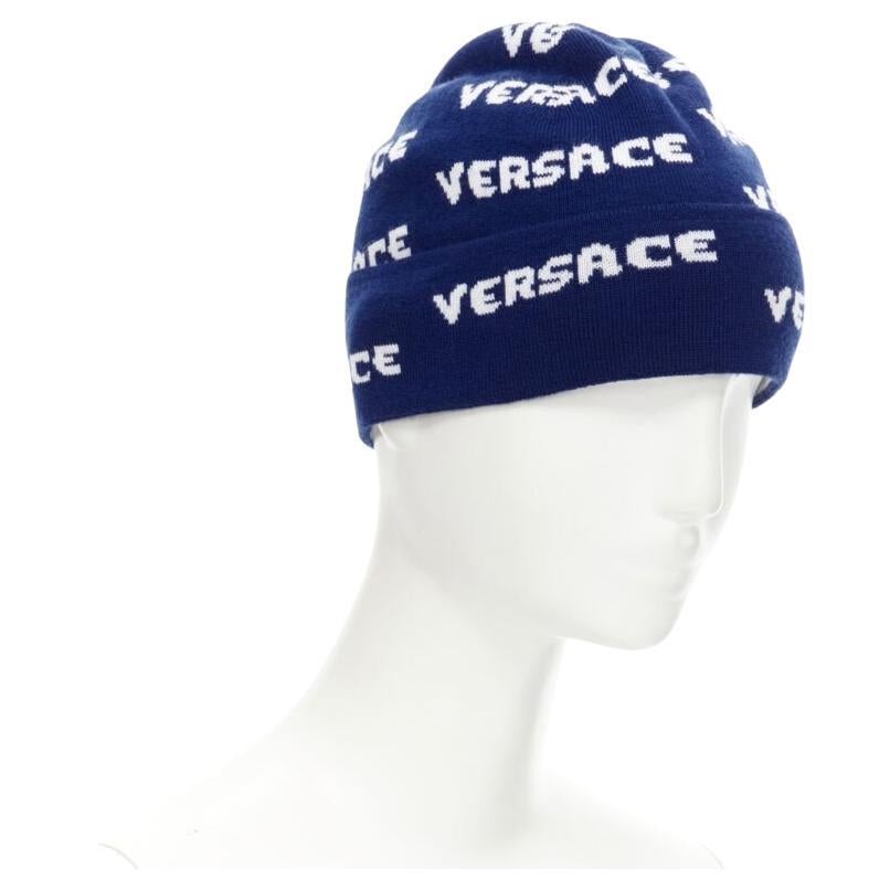 new VERSACE 100% wool black white logo monogram beanie hat For Sale