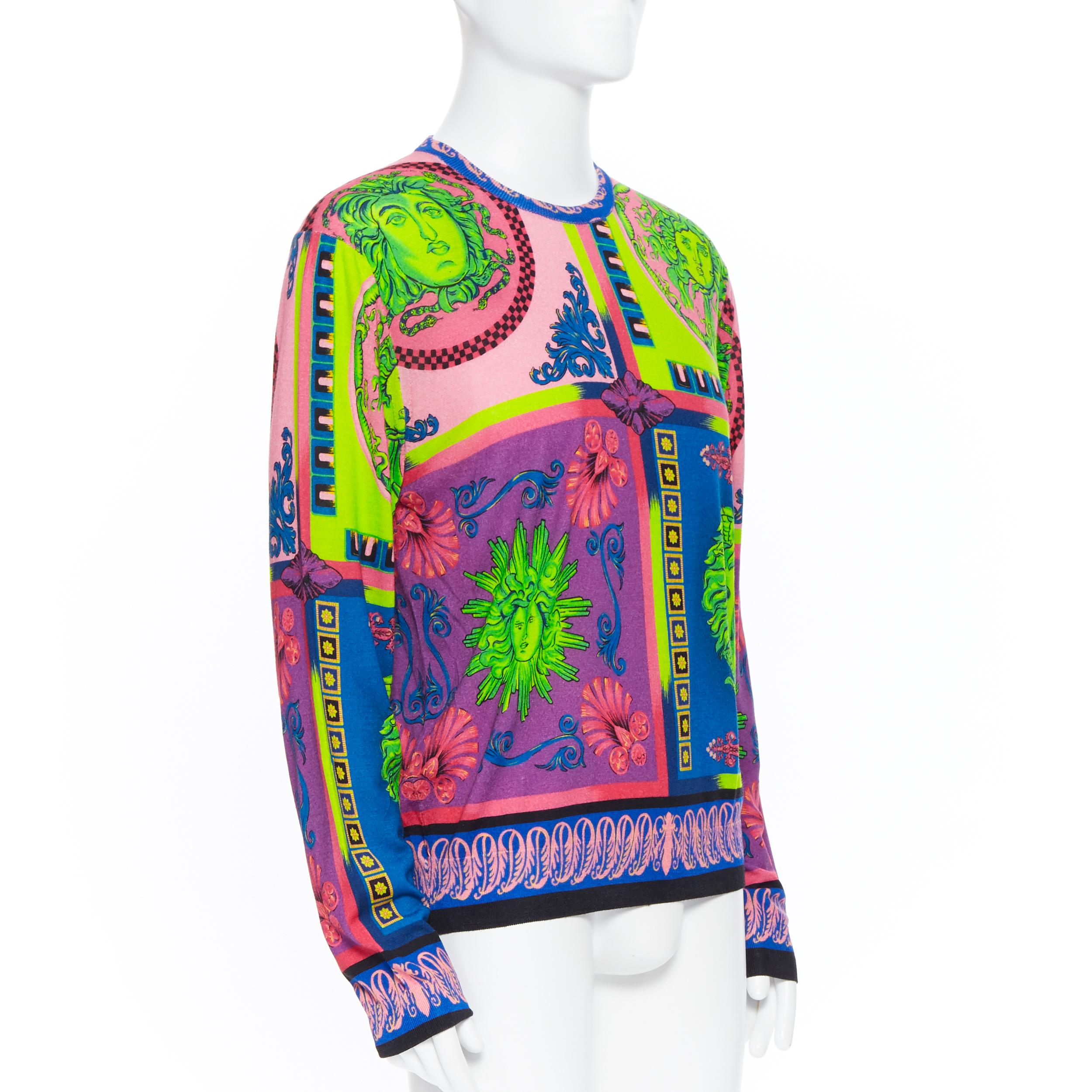 new VERSACE 100% wool Pop Foulard neon Medusa graphic print knitted sweater XXL In Excellent Condition In Hong Kong, NT