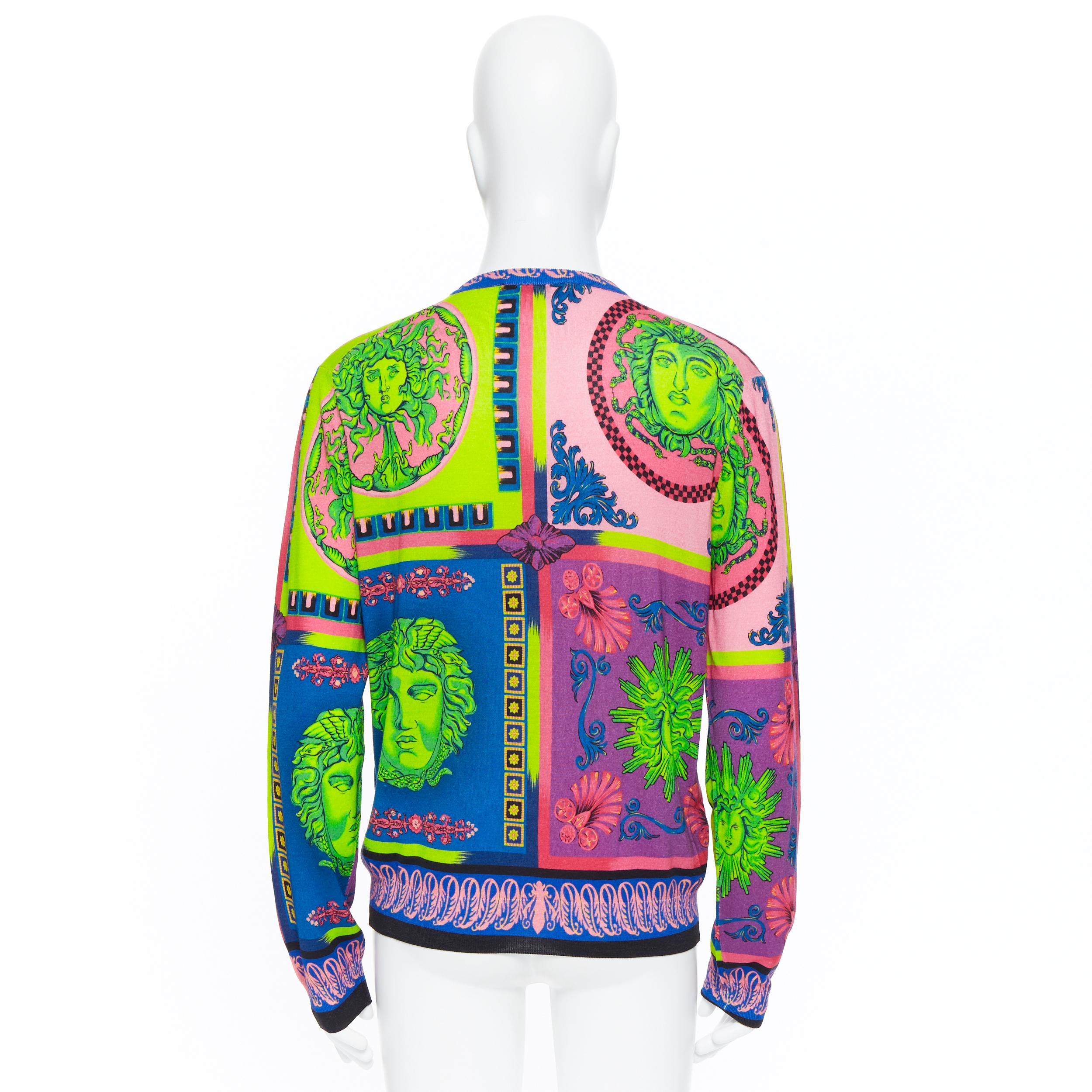 new VERSACE 100% wool Pop Foulard neon Medusa graphic print knitted sweater XXL 1