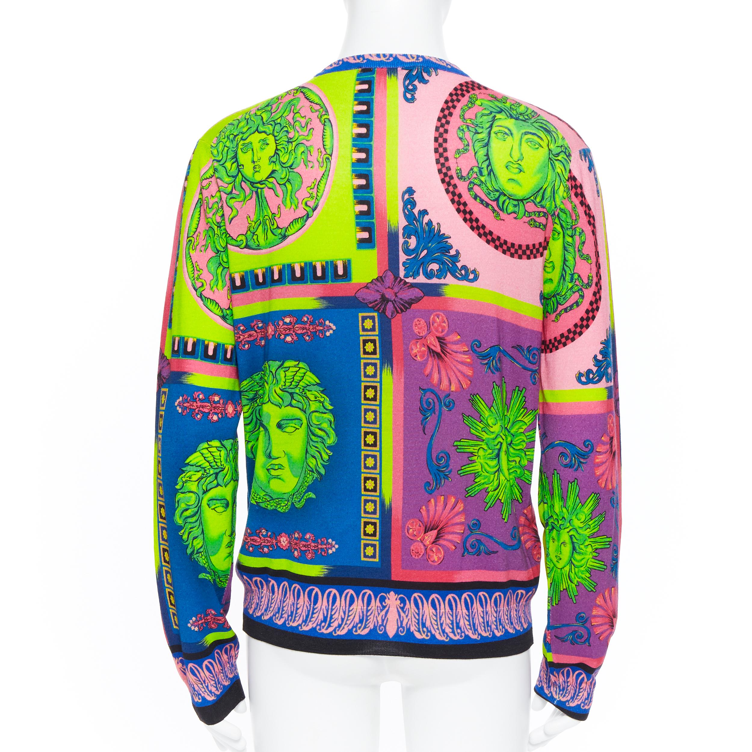new VERSACE 100% wool Pop Foulard neon Medusa graphic print knitted sweater XXL 2