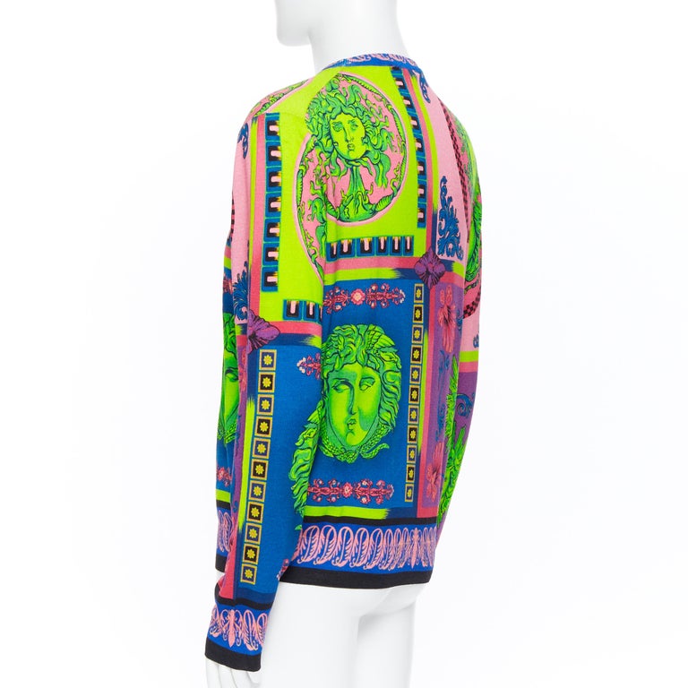 new VERSACE 100% wool Pop Foulard neon Medusa graphic print knitted sweater  XXL at 1stDibs
