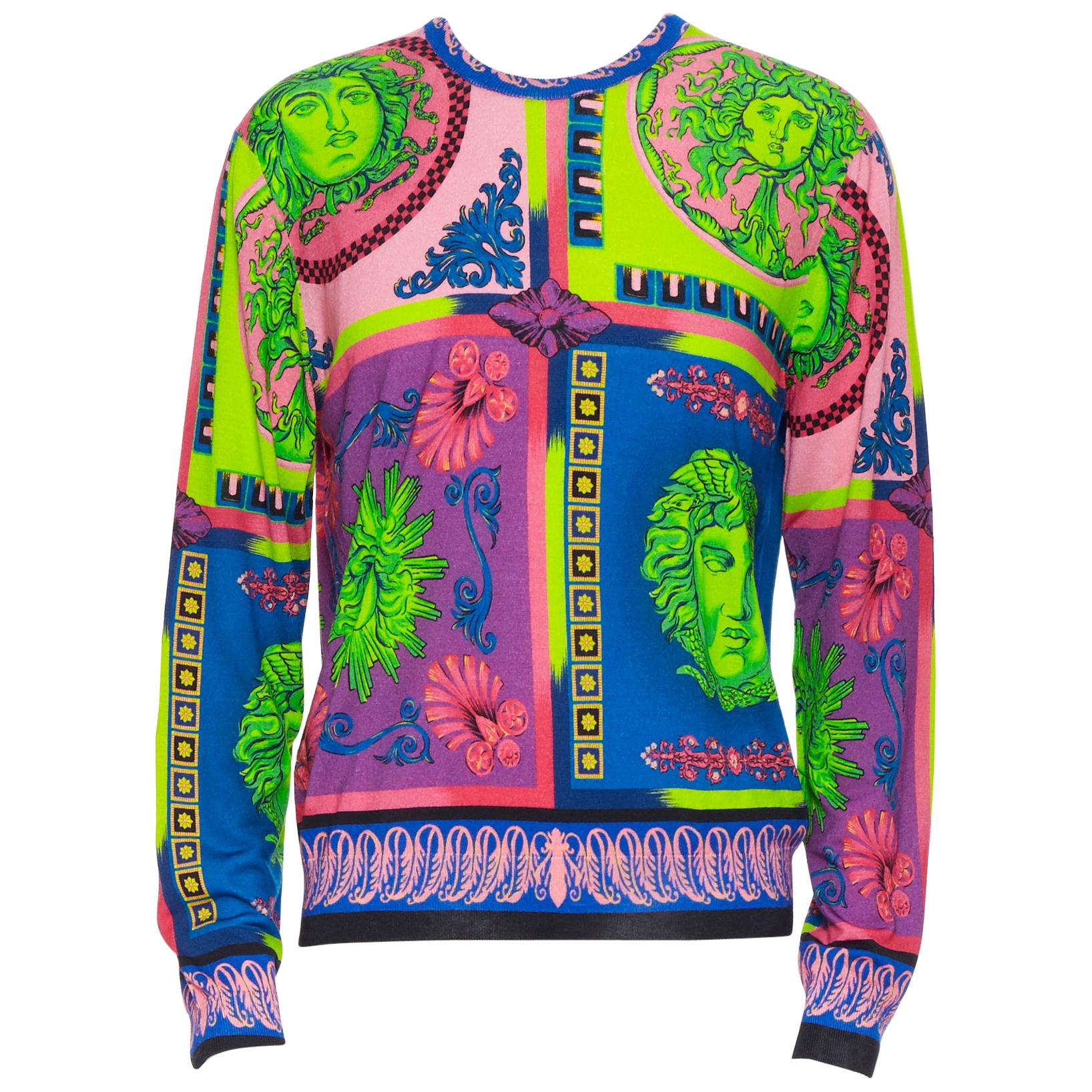 new VERSACE 100% wool Pop Foulard neon Medusa graphic print knitted sweater XXL