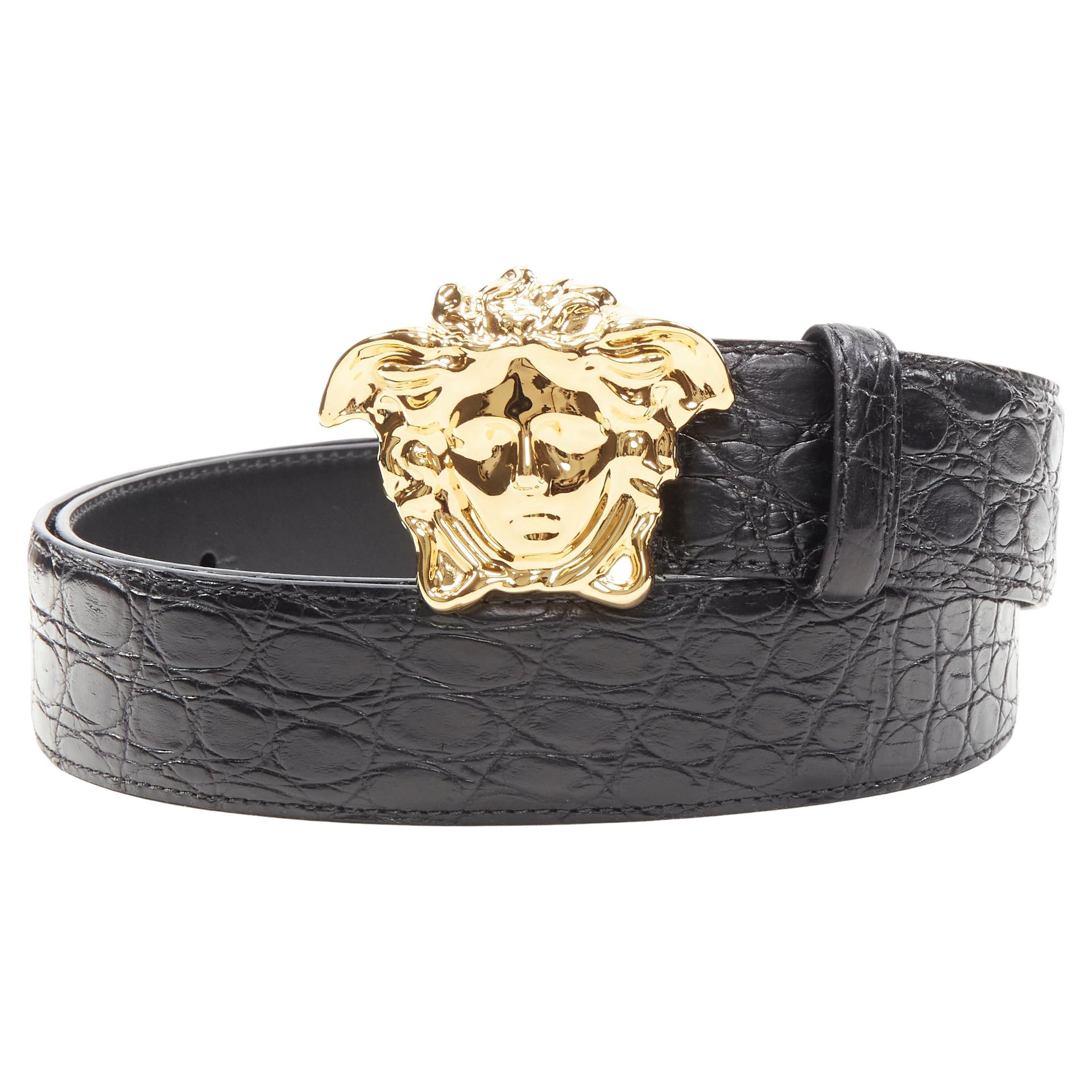 new VERSACE $1200 La Medusa gold buckle black croc leather belt 105cm 42"  For Sale at 1stDibs