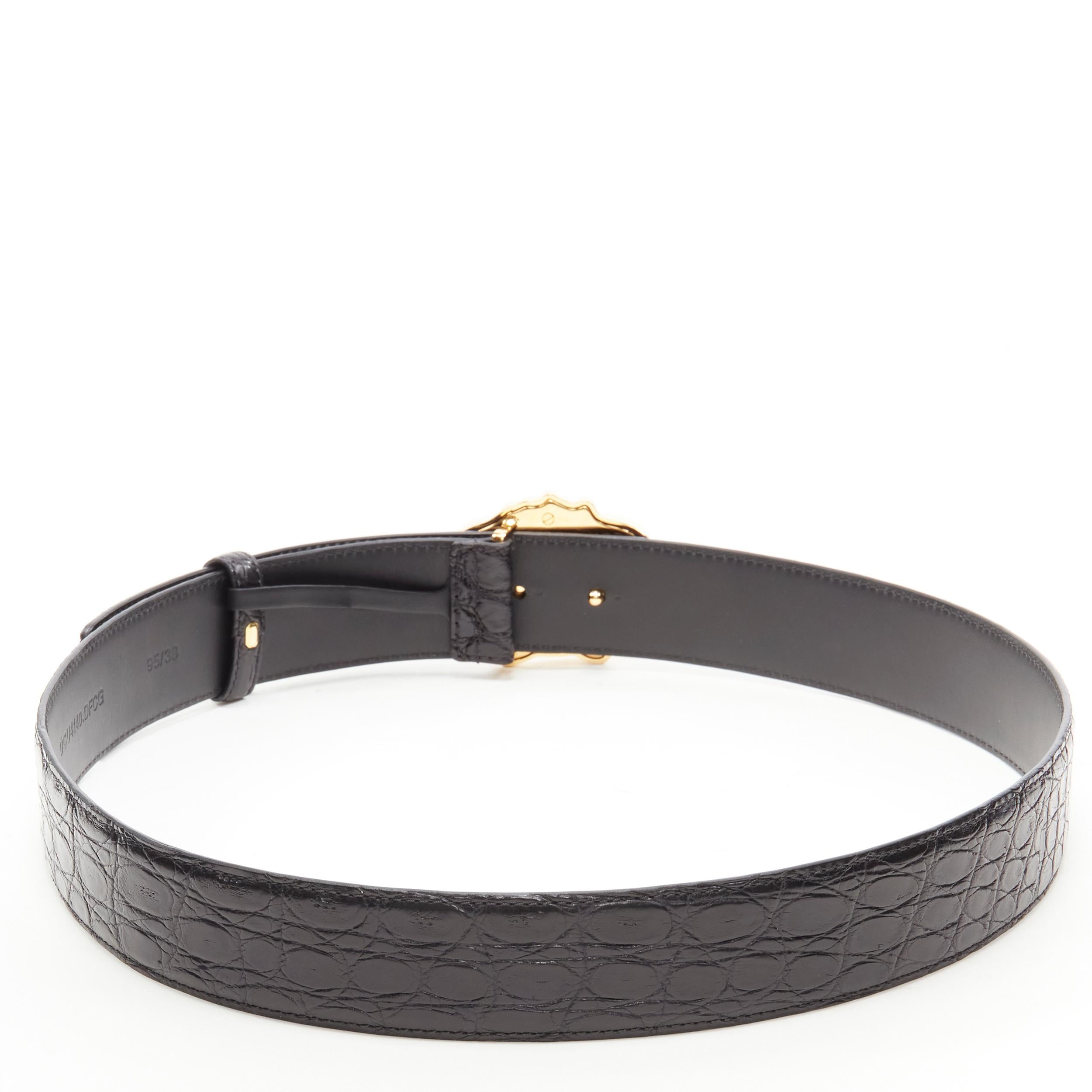 Black new VERSACE $1200 La Medusa gold buckle black croc leather belt 110cm 44