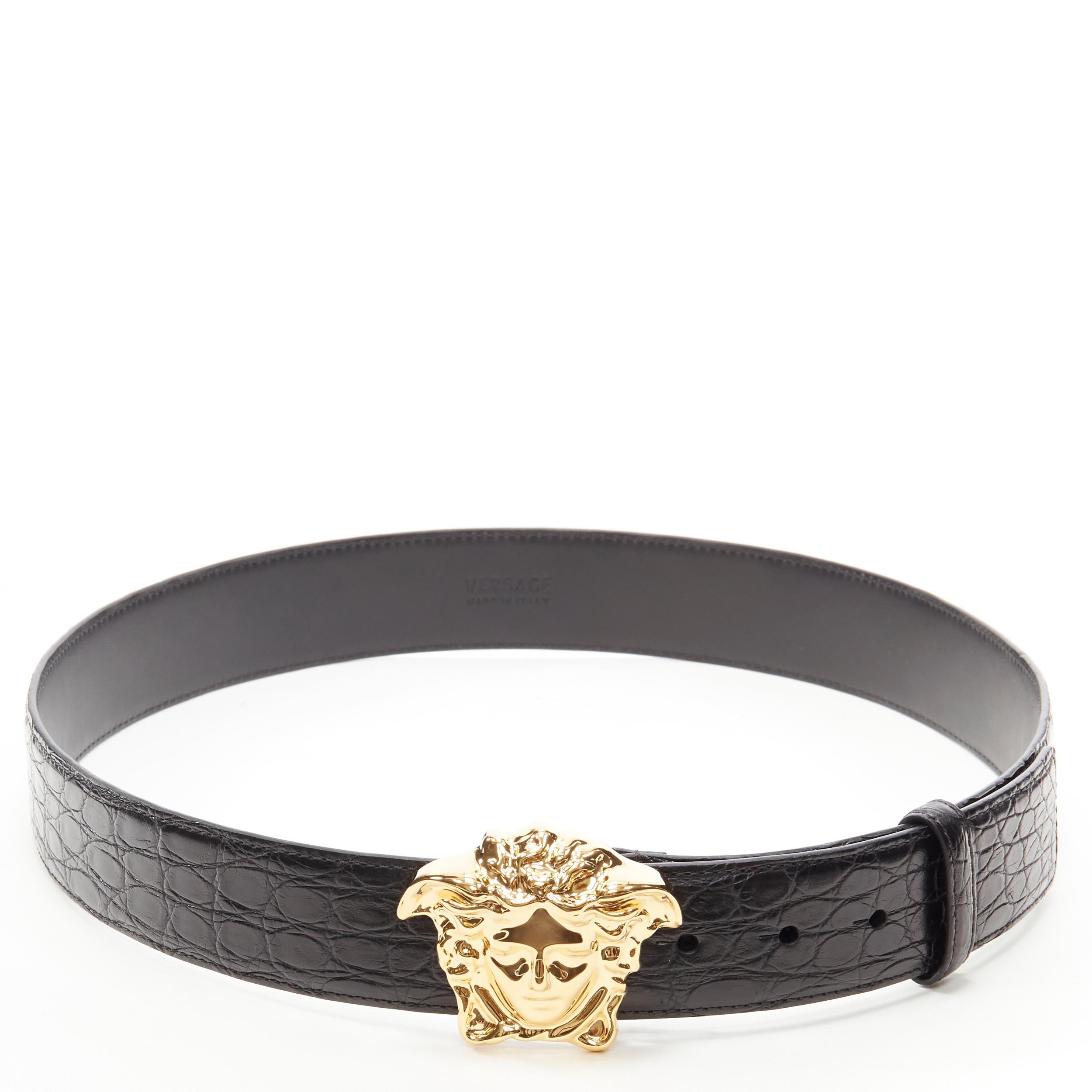 new VERSACE $1200 La Medusa gold buckle black croc leather belt 80cm 30-34