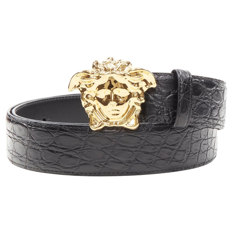new VERSACE $1200 La Medusa gold buckle black croc leather belt 95cm 36-40"  For Sale at 1stDibs