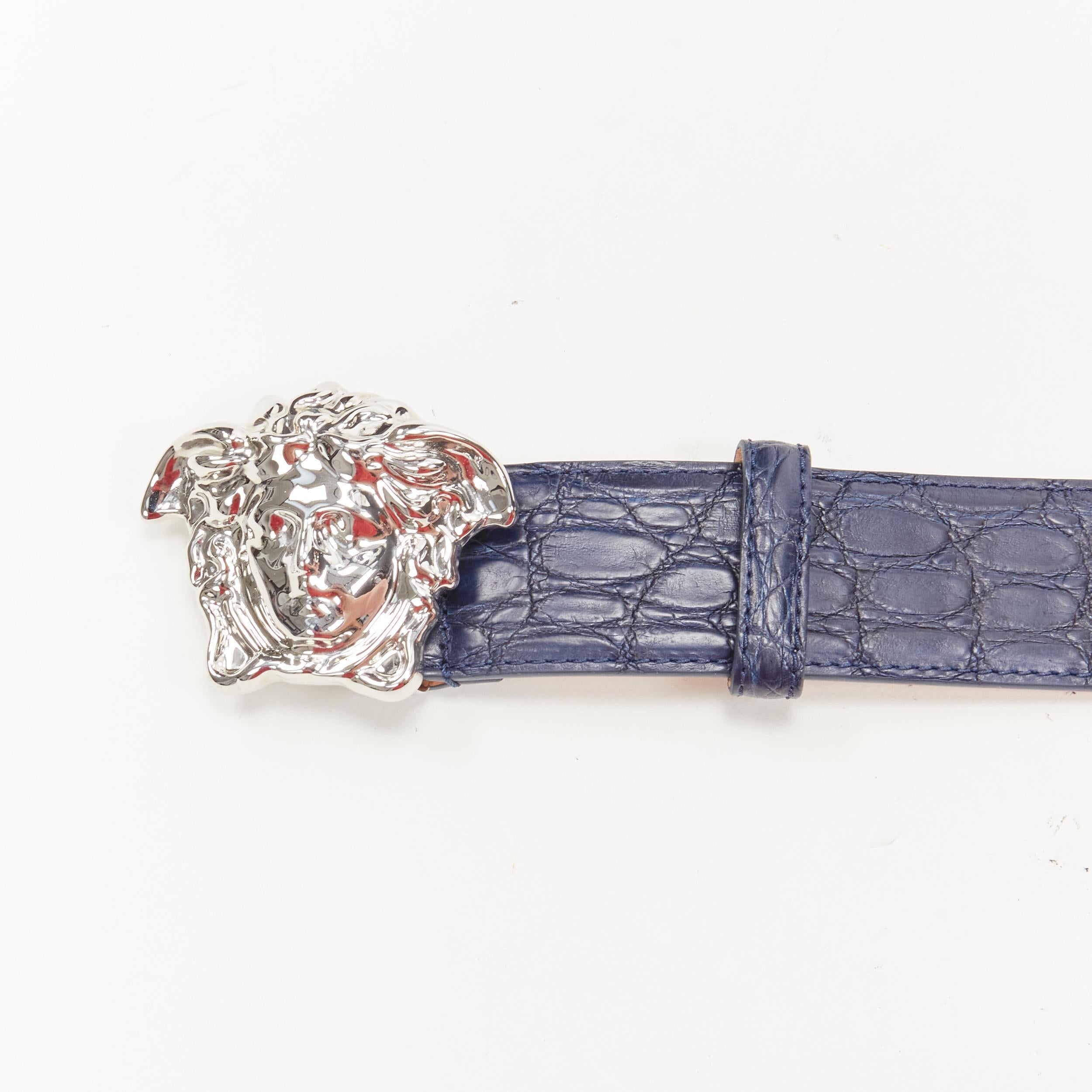 new VERSACE $1200 La Medusa silver buckle blue croc leather belt  105cm 40-44
