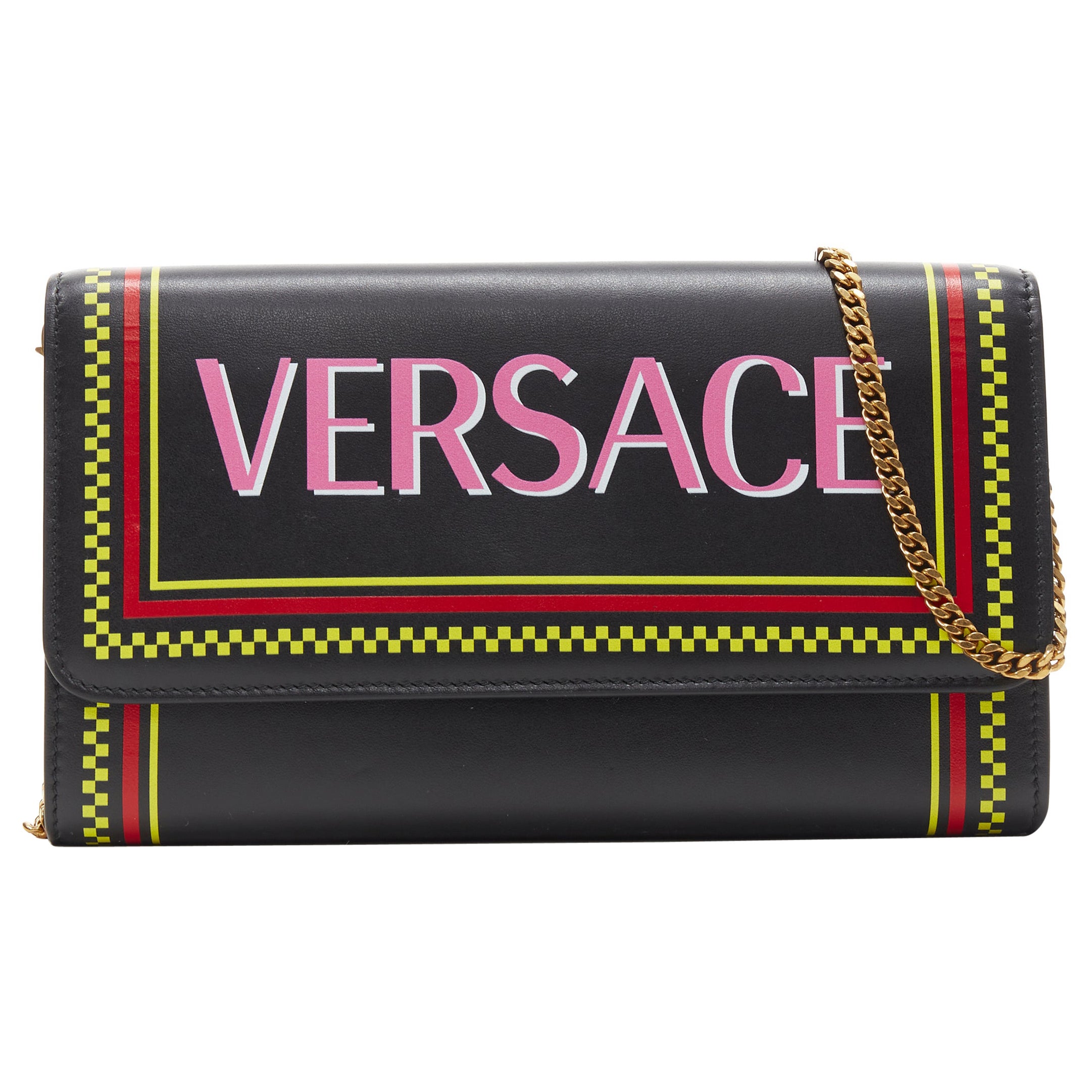 new VERSACE 1990s pink logo black calf WOC flap clutch crossbody bag