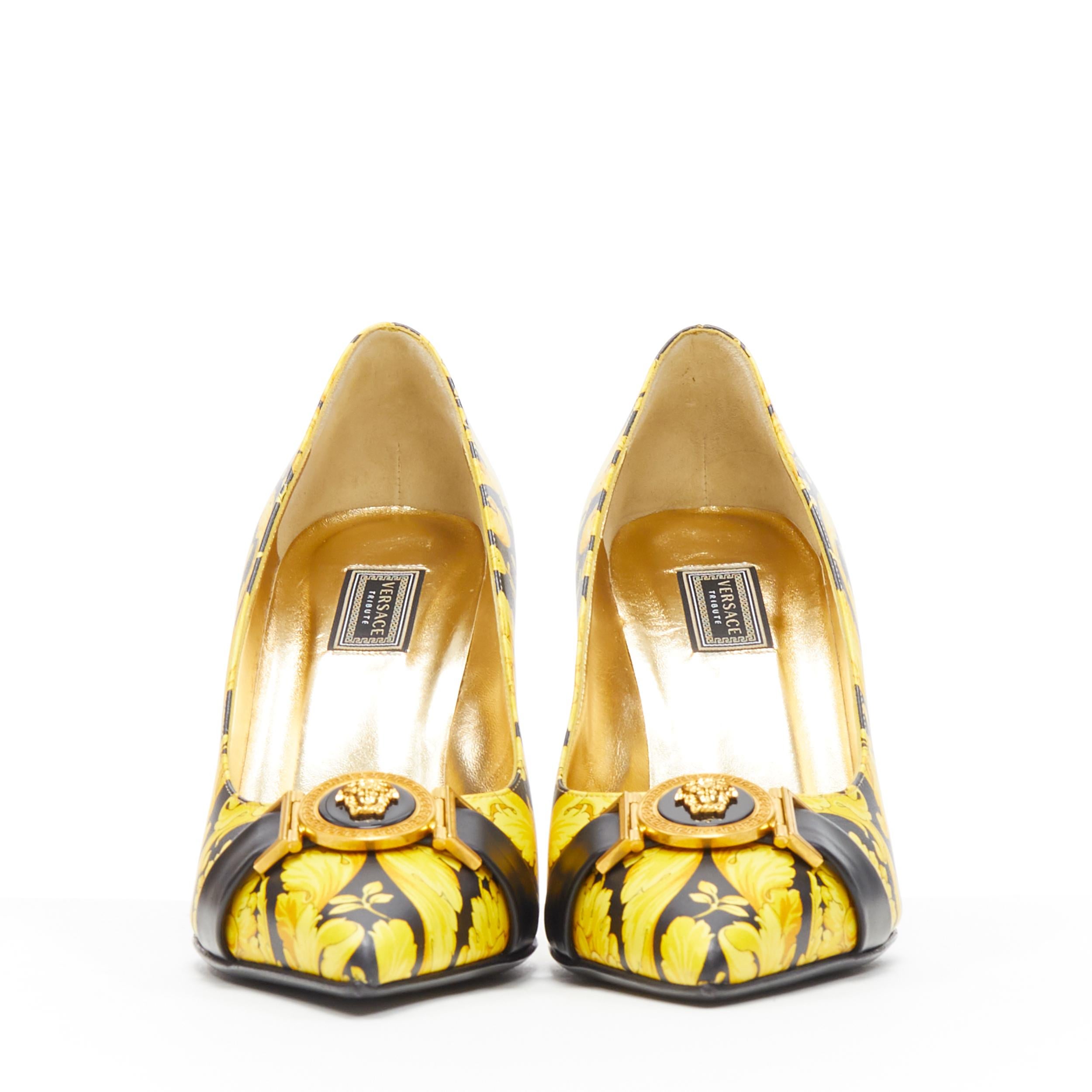 Yellow new VERSACE 1992 Tribute Baroque Hibiscus barocco Medusa strap leather pump EU38