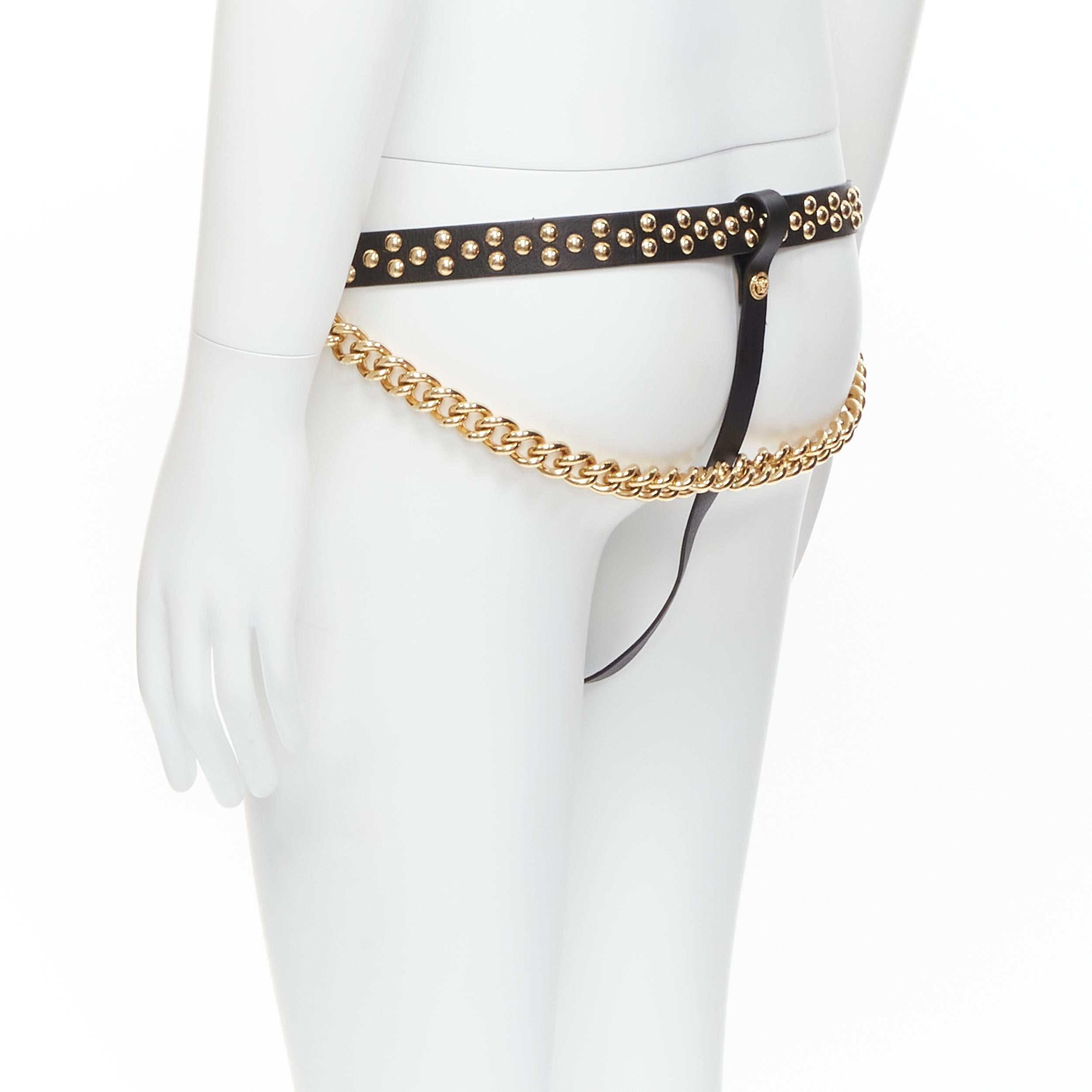 Gray new VERSACE 2014 Runway rare gold studded S&M leather chain jockstrap  Sz.85