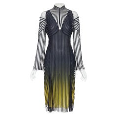 new VERSACE 2017 black ribbed georgette yellow degrade mock neck dress IT42 M