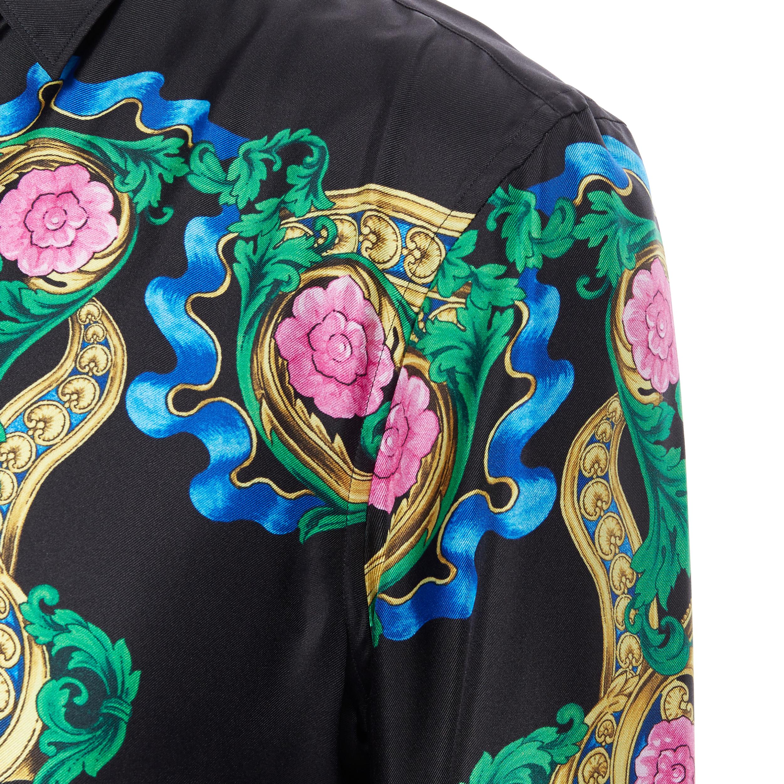 new VERSACE 2018 100% silk black Miami logo print green baroque shirt EU39 M 4