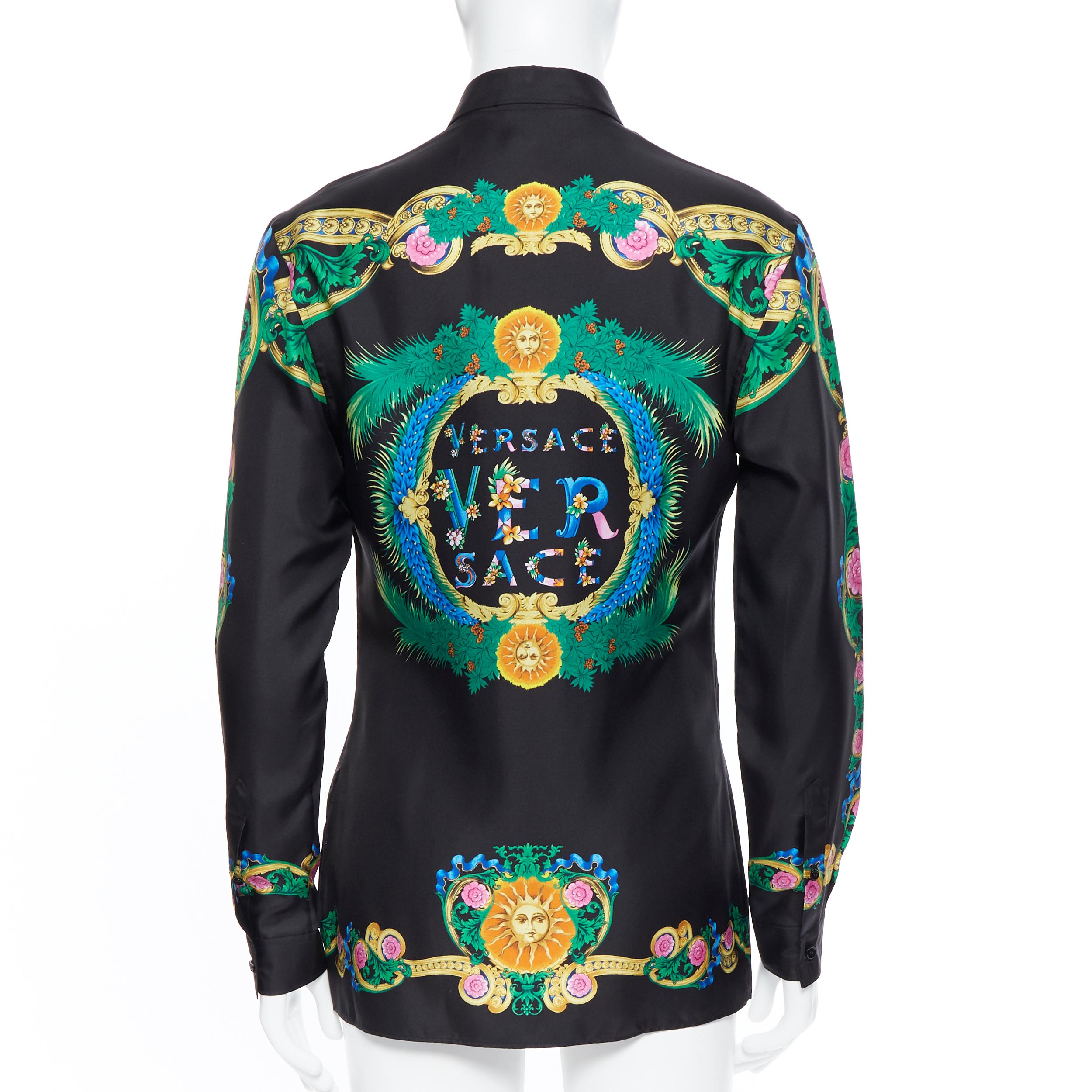 Men's new VERSACE 2018 100% silk black Miami logo print green baroque shirt EU39 M
