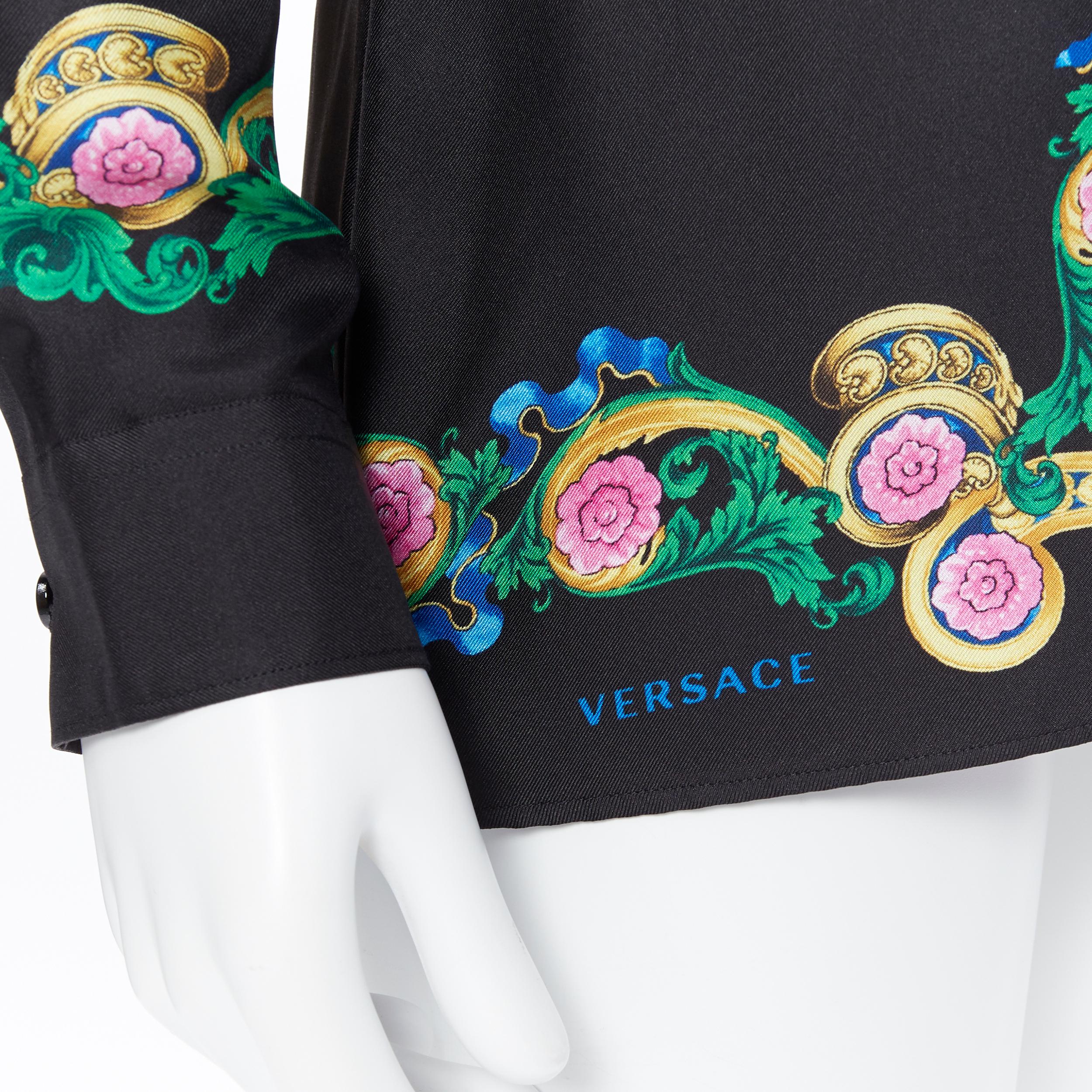 new VERSACE 2018 100% silk black Miami logo print green baroque shirt EU39 M 3