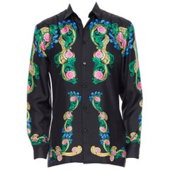 new VERSACE 2018 100% silk black Miami logo print green baroque shirt EU39 M