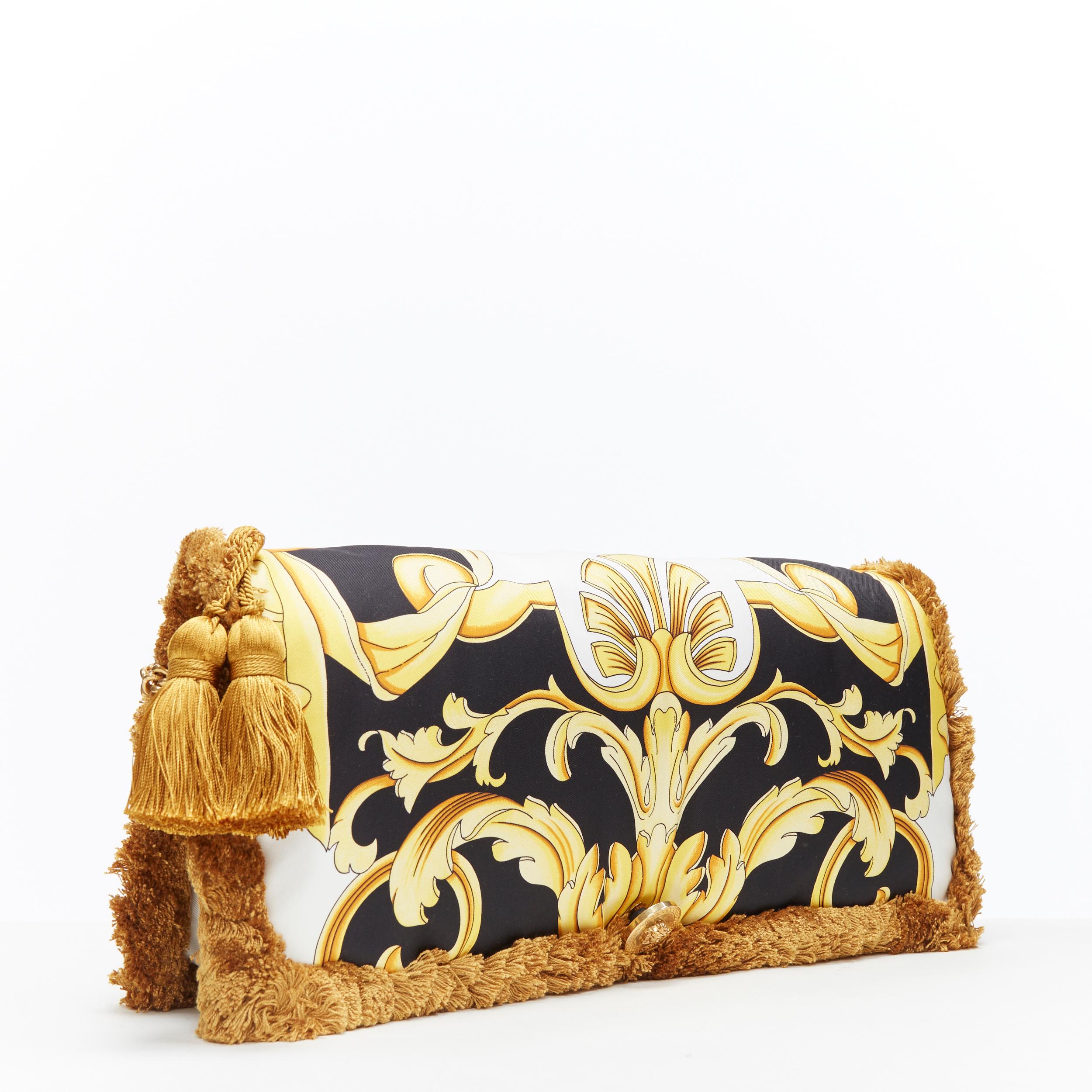 Beige new VERSACE 2018 Pillow Talk gold black baroque print silk tassel shoulder bag
