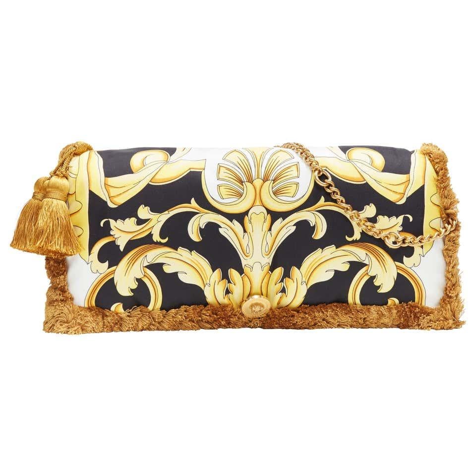 Brown new VERSACE 2018 Pillow Talk gold black baroque print silk tassel shoulder bag