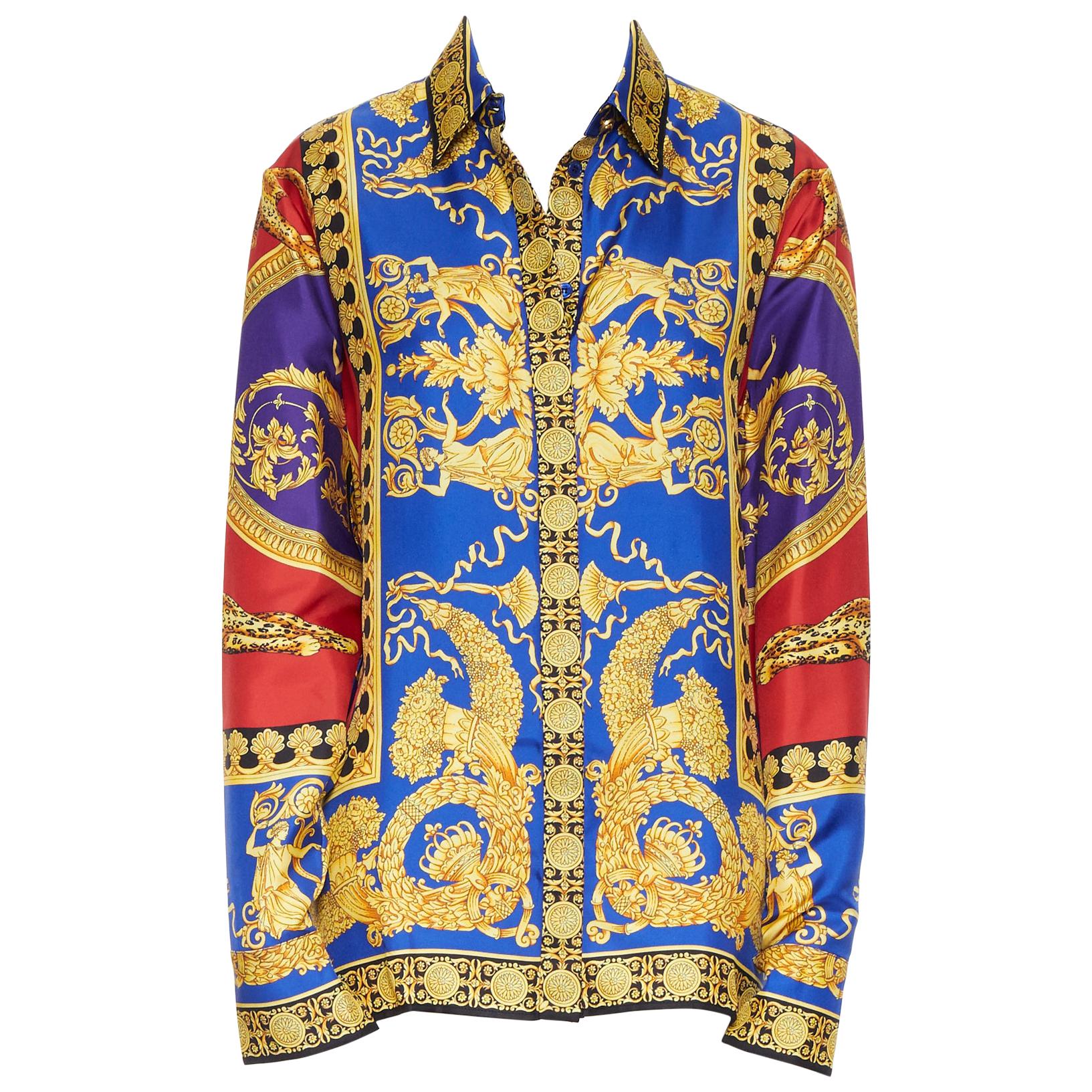 new VERSACE 2018 Runway 100% silk blue red gold Leopard baroque royal shirt IT44