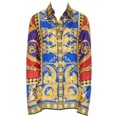 new VERSACE 2018 Runway 100% silk blue red gold Leopard baroque royal shirt IT46