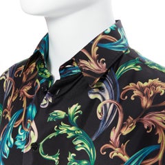 new VERSACE 2018 Runway Acid Baroque black green floral 100% silk shirt EU38 M