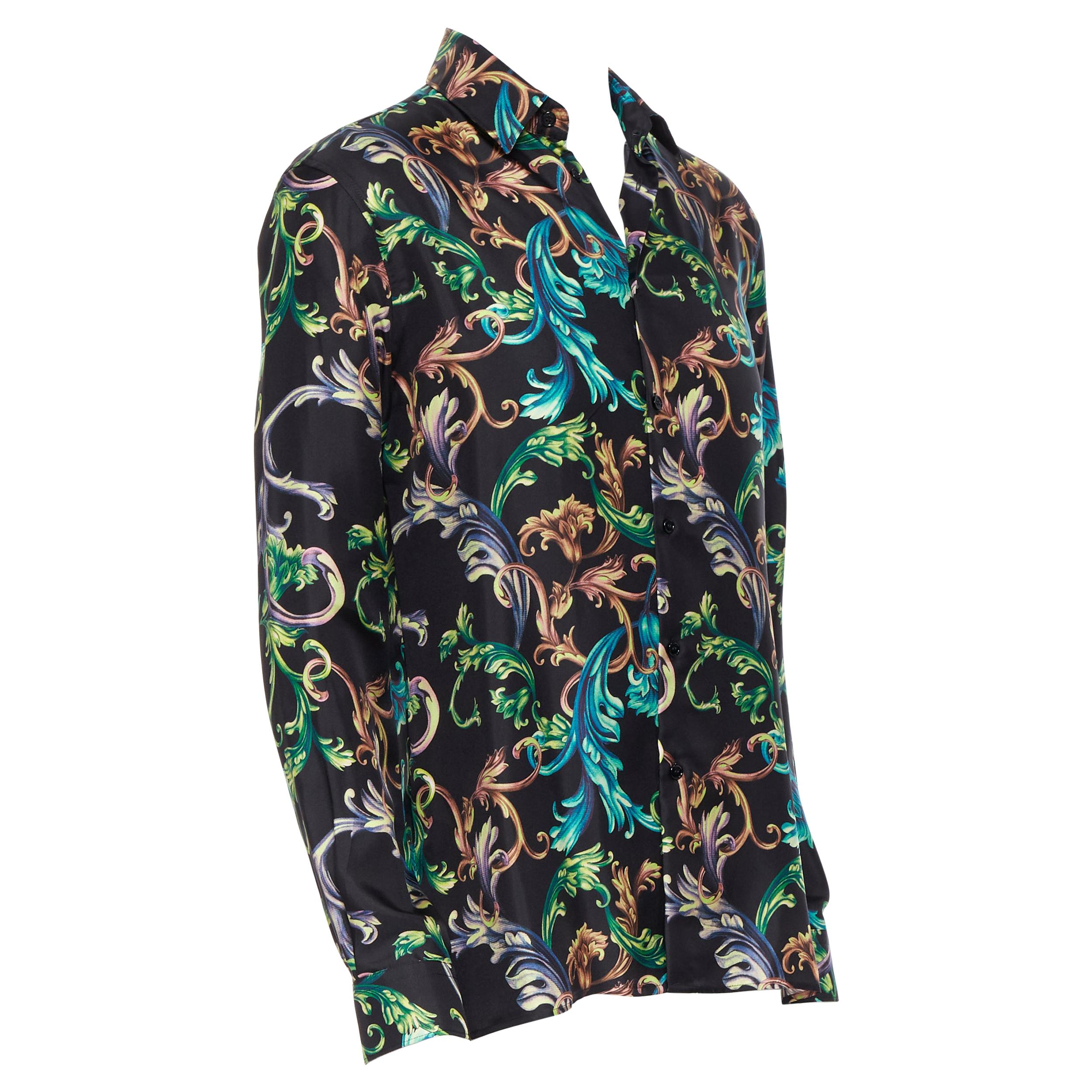 new VERSACE 2018 Runway Acid Baroque black green floral 100% silk shirt EU43 XXL
