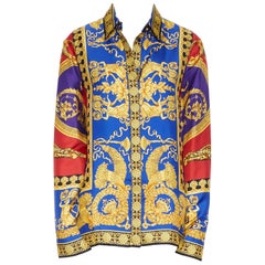 new VERSACE 2018 Runway blue red gold Leopard baroque 100% silk royal shirt IT40
