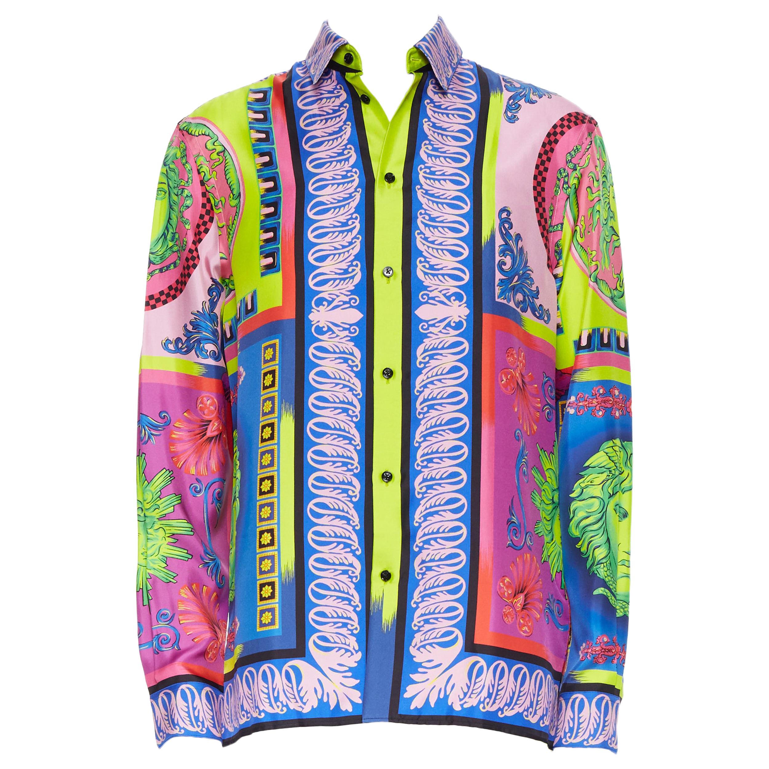 new VERSACE 2018 Runway Pop Foulard 100% silk neon baroque Medusa shirt  EU40 L