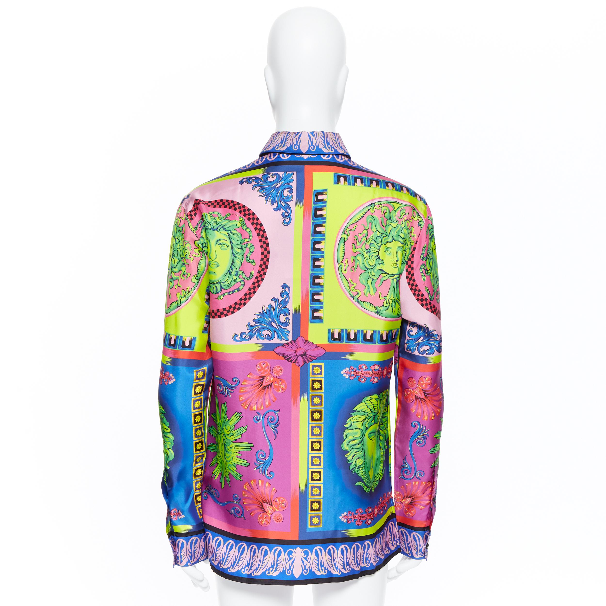 Men's new VERSACE 2018 Runway Pop Foulard 100% silk neon Medusa baroque shirt EU42 XXL