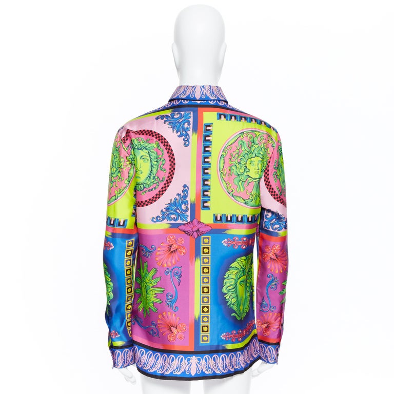 new VERSACE 2018 Runway Pop Foulard 100% silk neon Medusa baroque shirt ...