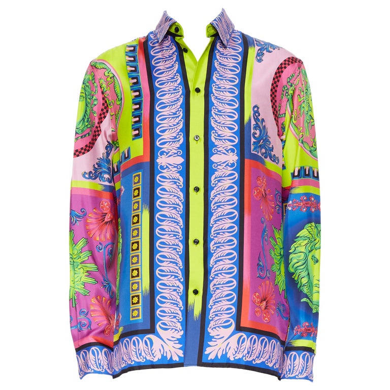 new VERSACE 2018 Runway Pop Foulard 100% silk neon Medusa baroque shirt ...