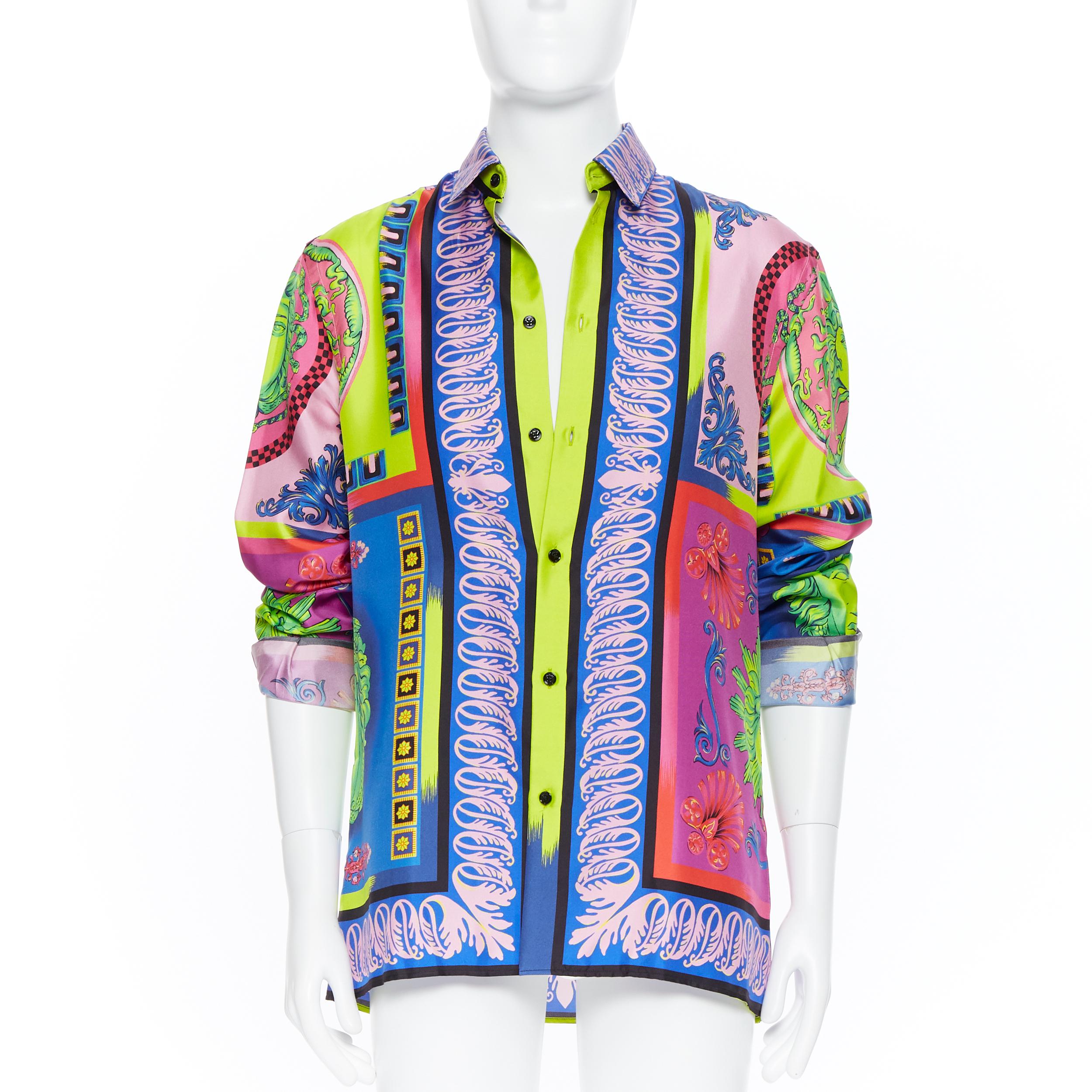 Beige new VERSACE 2018 Runway Pop Foulard Medusa neon baroque 100% silk shirt EU39 M