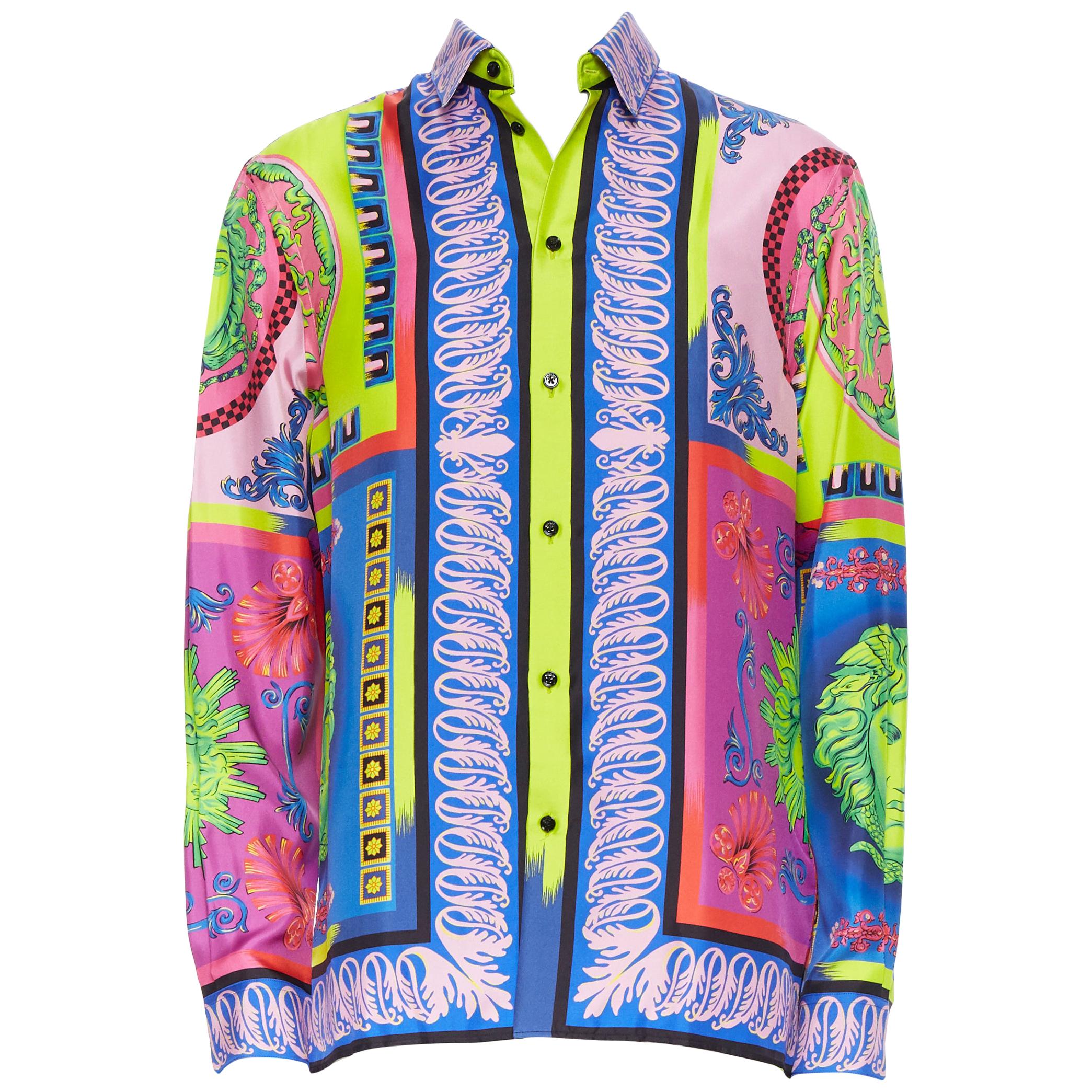 new VERSACE 2018 Runway Pop Foulard Medusa neon baroque 100% silk shirt EU39 M