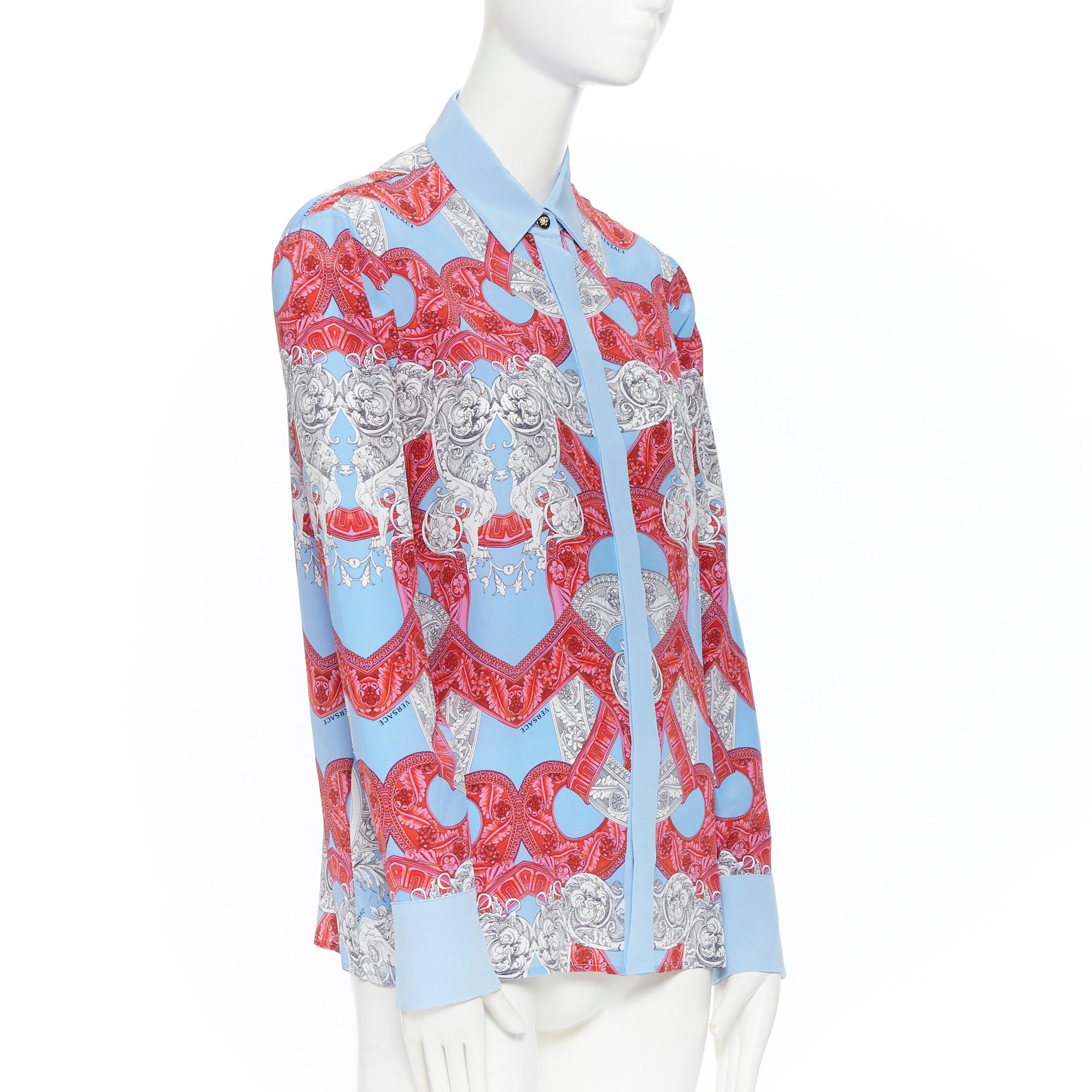 new VERSACE 2018 Runway silk blue pink baroque barocco print Medusa shirt IT38 S In Excellent Condition In Hong Kong, NT