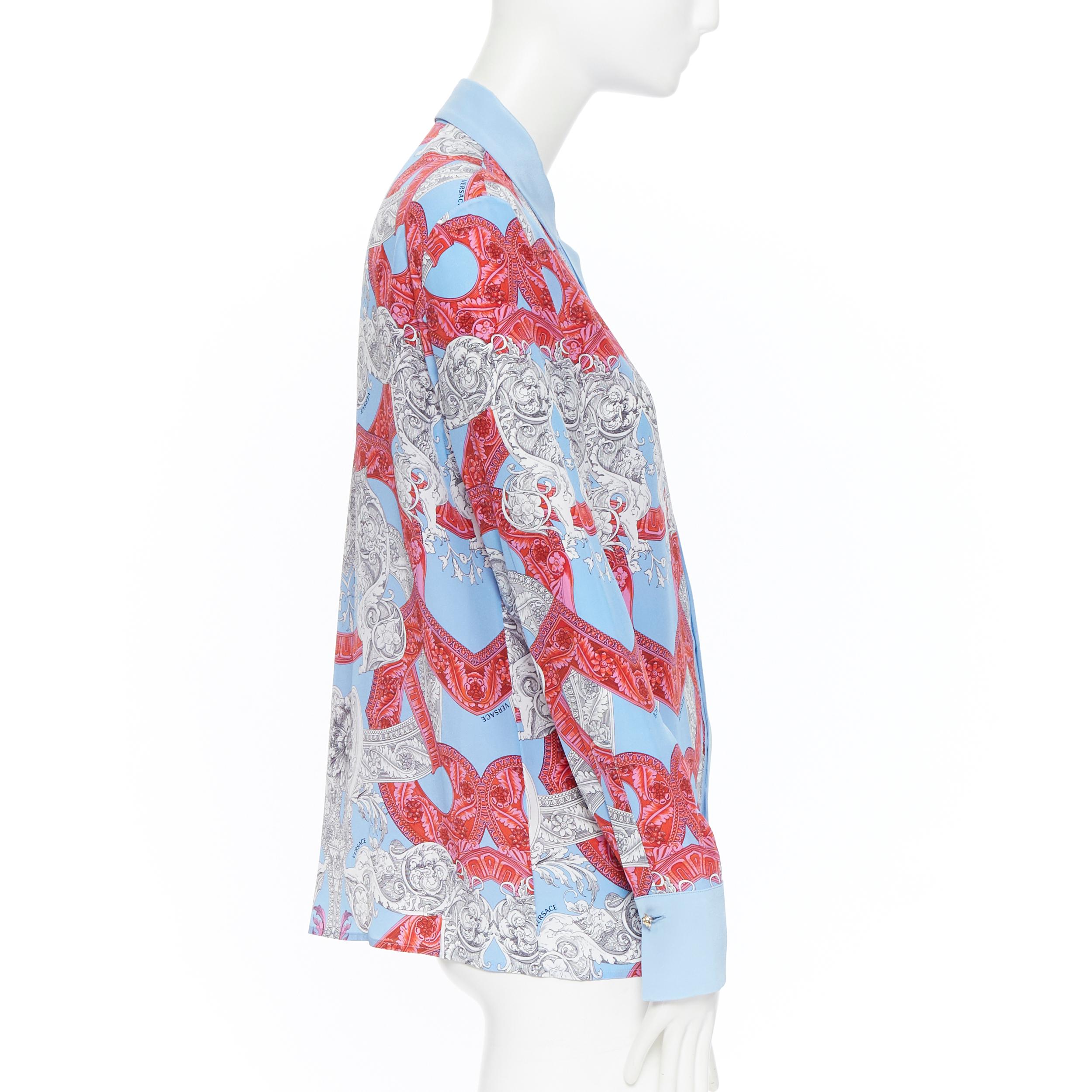 new VERSACE 2018 Runway silk blue pink baroque barocco print Medusa shirt IT42 L In Excellent Condition In Hong Kong, NT