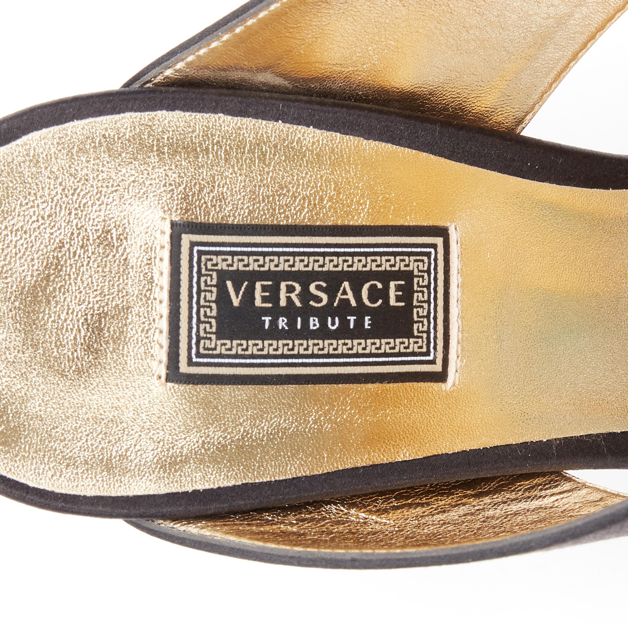 new VERSACE 2018 Tribute Byzantine Cross Jewel crystal black satin sandals EU38 For Sale 5