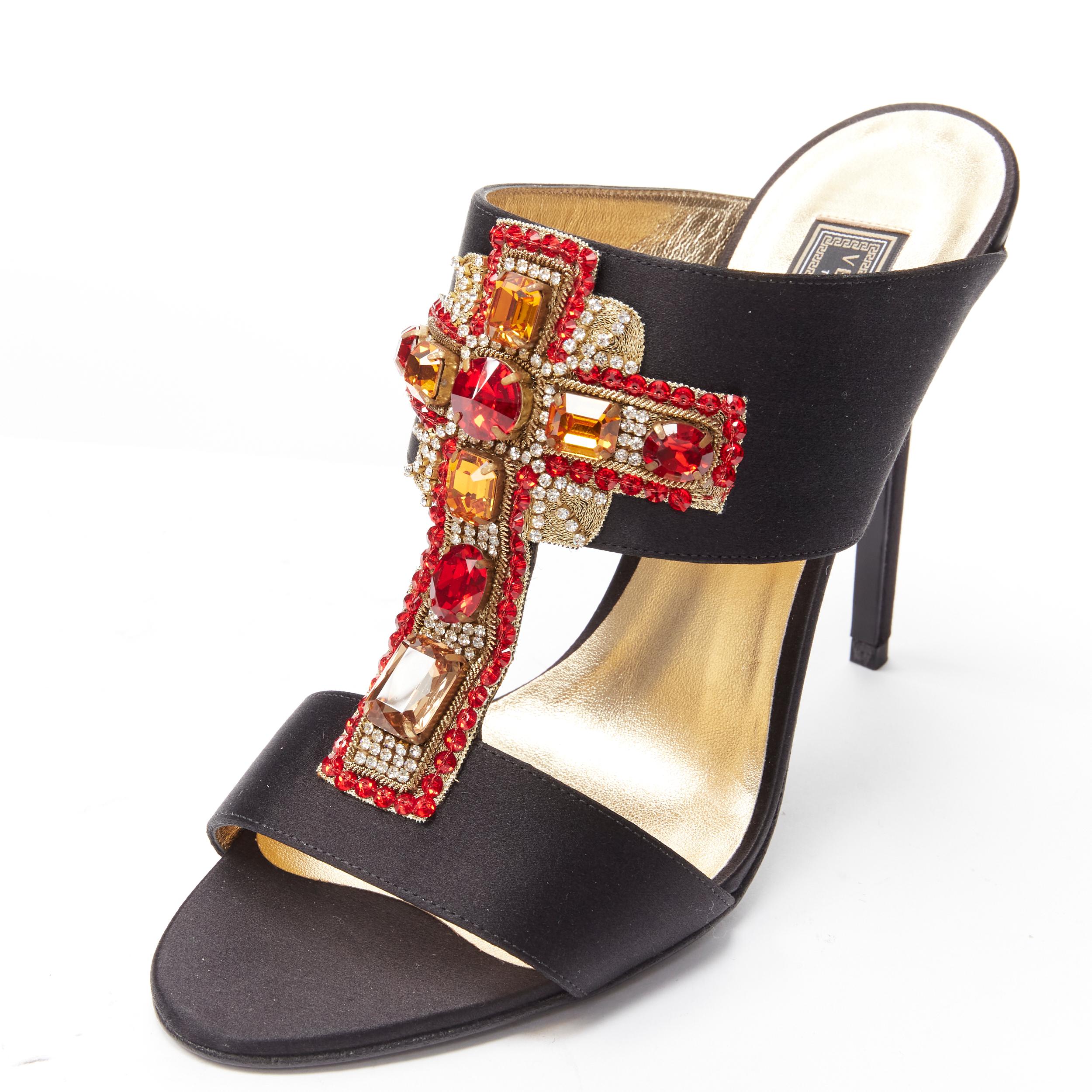 new VERSACE 2018 Tribute Byzantine Cross Jewel crystal black satin sandals EU38 In New Condition For Sale In Hong Kong, NT