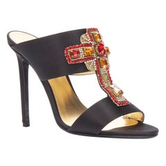 new VERSACE 2018 Tribute Byzantine Cross Jewel crystal black satin sandals EU38