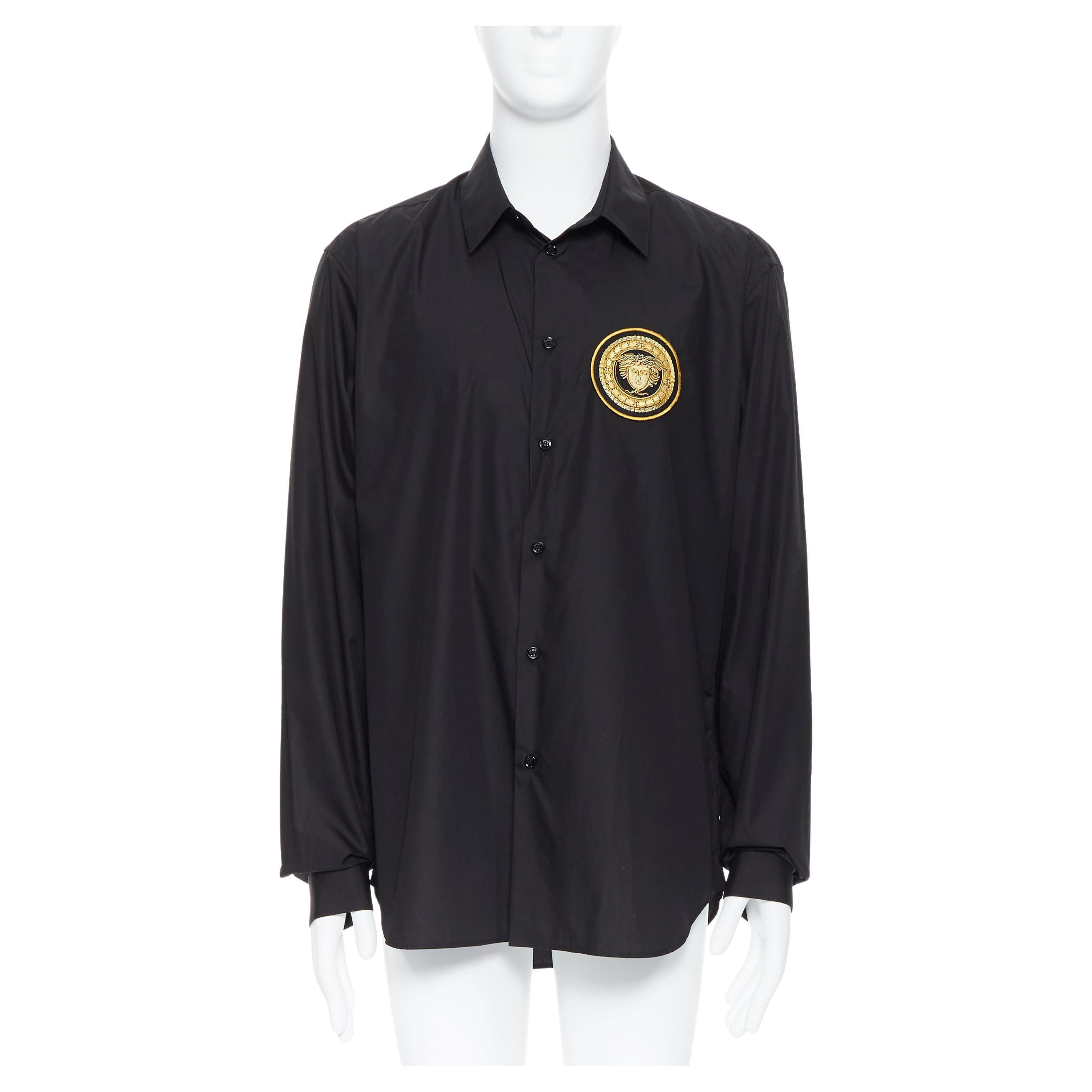 new VERSACE 2019 black cotton gold Medusa embroidery long sleeve shirt EU44 XXXL