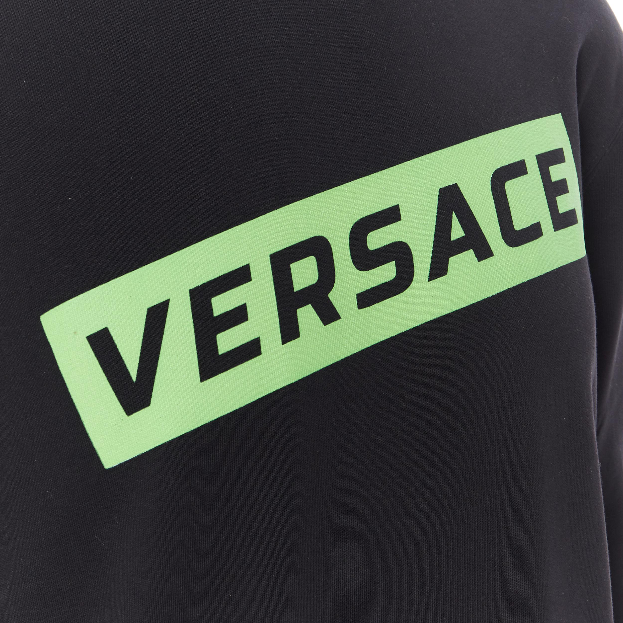 Men's new VERSACE 2019 black cotton green box logo graphic crewneck pullover sweats L