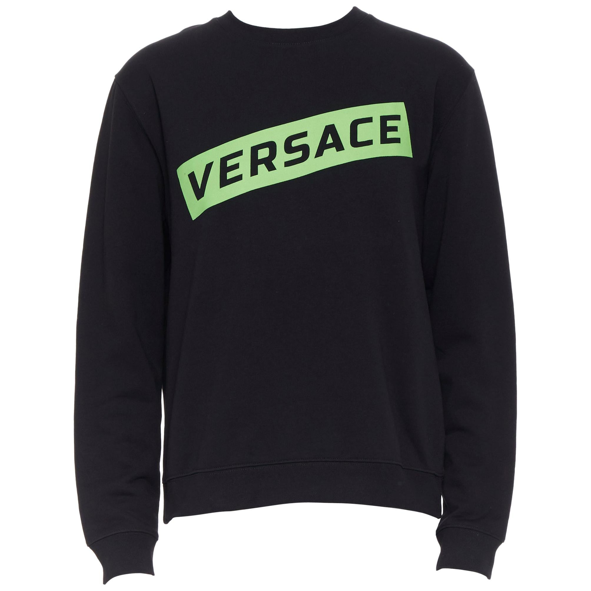 new VERSACE 2019 black cotton green box logo graphic crewneck pullover sweats L