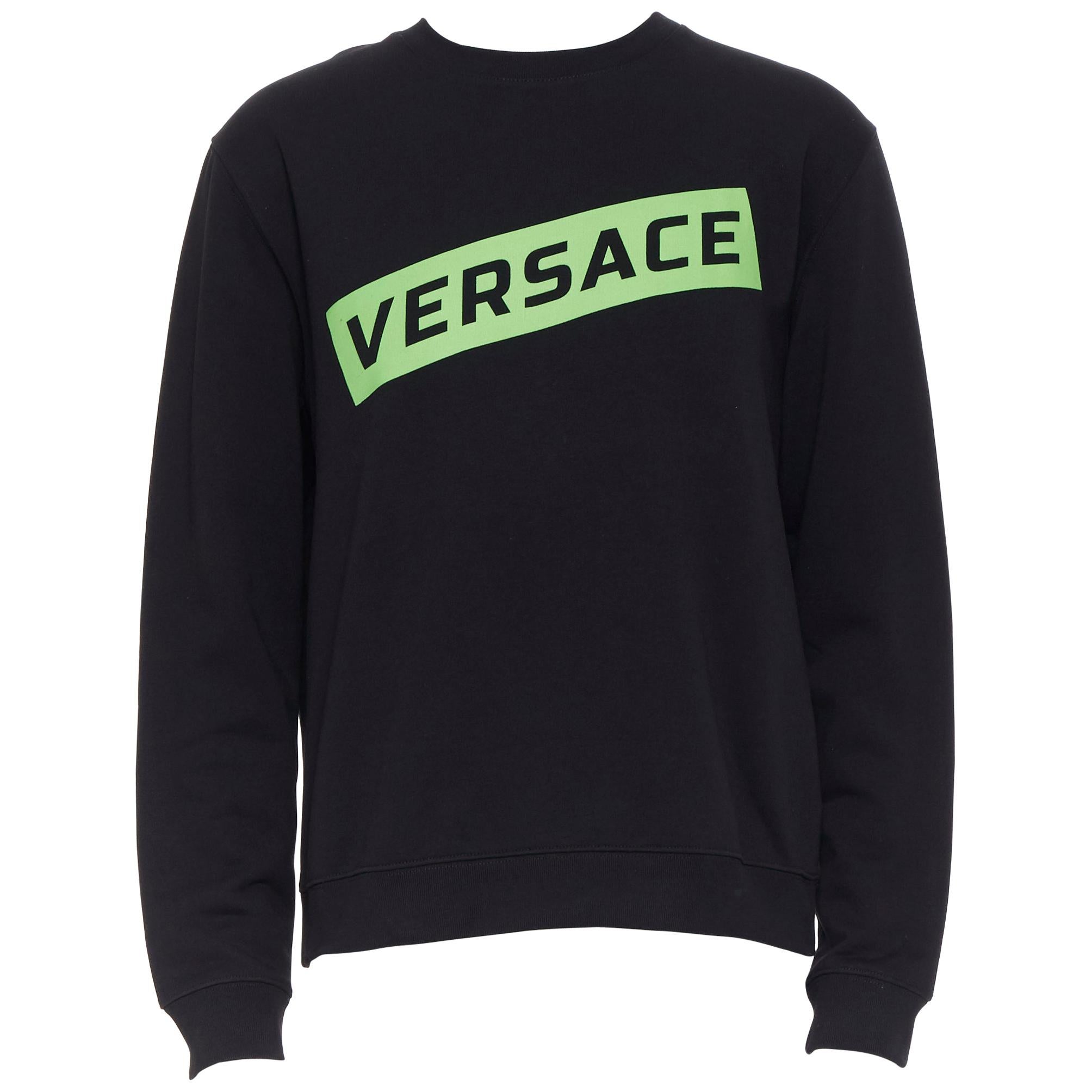 new VERSACE 2019 black cotton green box logo graphic crewneck pullover sweats XL