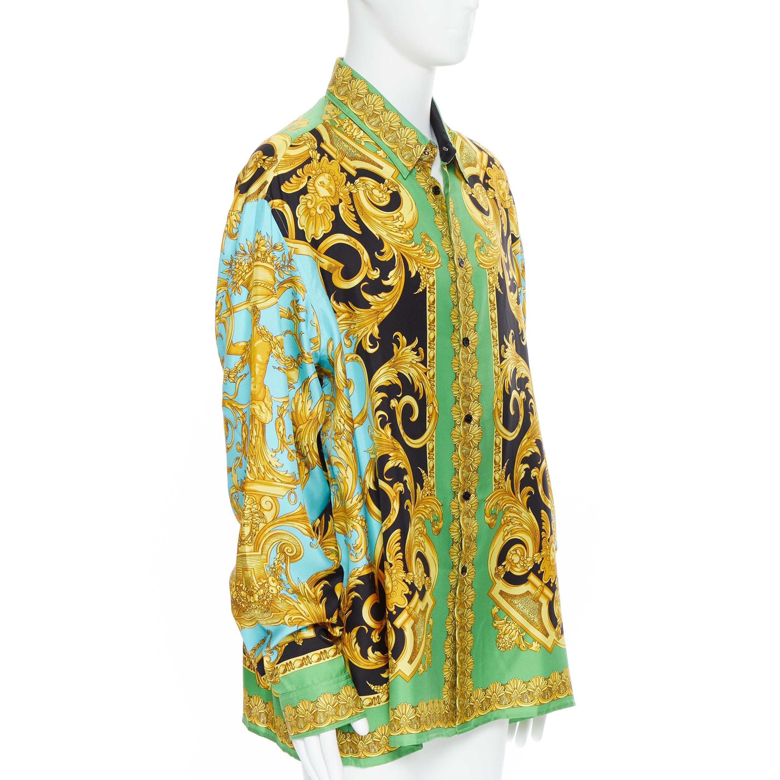 nuevo VERSACE 2019 Pasarela 100% seda verde negro oro estatua barocco camisa EU45 5XL Beige