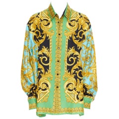 neu VERSACE 2019 Runway 100% Seide grün schwarz gold Barocco Statue Hemd EU45 5XL