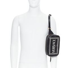 new VERSACE 2019 Runway 90's logo print black saffiano leather waist belt bag