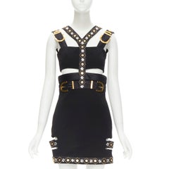 neu VERSACE 2019 Runway schwarz S&M Bondage Kristall Medusa Nietenkleid IT38 XS