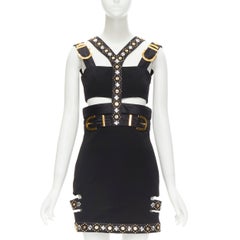 new VERSACE 2019 Runway black S&M bondage crystal Medusa studded dress IT38 XS