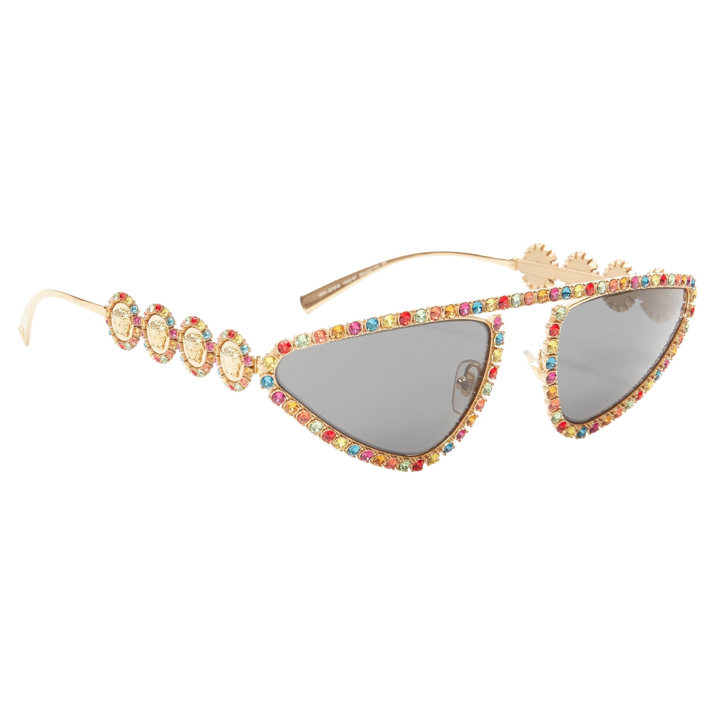 Versace Wraparound Silver Tone Mirrored Sunglasses W Crystal Greek Keys ...